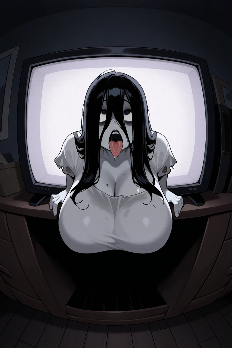 (masterpiece:1.2, Best Quality:1.2), 32K HDR, High resolution, Solo, 1girl in, (Ultra-realistic portrait of Sadako Yamamura, the ring_Japan horror movies), ((Black hair, Long hair:1.25, hair over eyes:1.25, Long bangs:1.25)), (White Dress:1.15 white skin, pale skin, Perfect slim body:1.1) (((all fours pose:1.1, upper body down-bottom body up:1.1, Huge breasts, Tongue out, long tongue))), Detailed skin texture, Detailed face, (Dark atmosphere:1.3, Dark living room:1.3, in the abandoned house, in Japan),