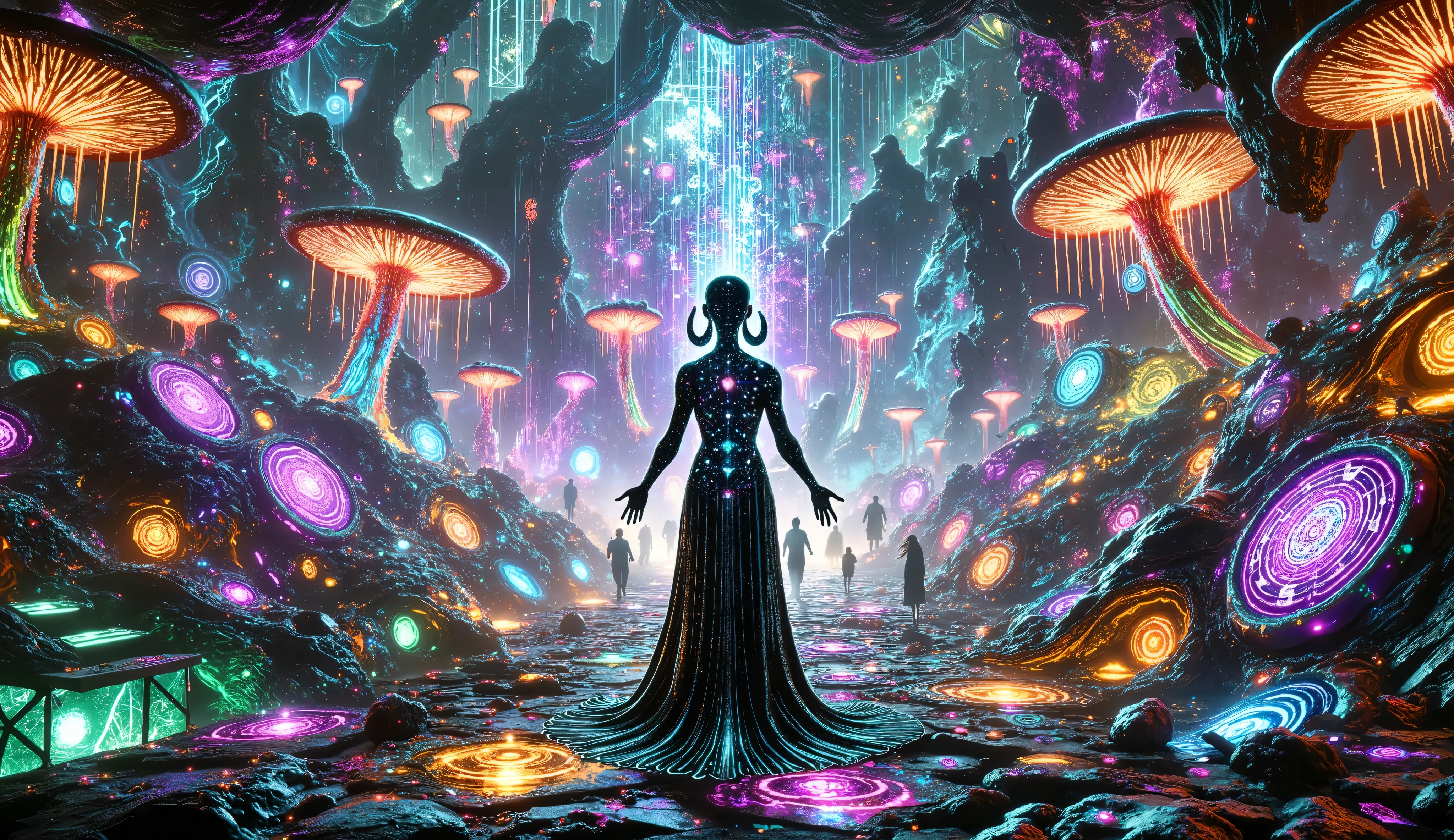 An alien mage conjuring spells with holographic runes in the foreground, with a vibrant alien landscape in the background. The mage takes the form of a woman, with hair in spirals like tentacles and a large robe. She is in a landscape filled with giant bioluminescent mushrooms and strange constructions, like a village. Cyberpunk, illustration.