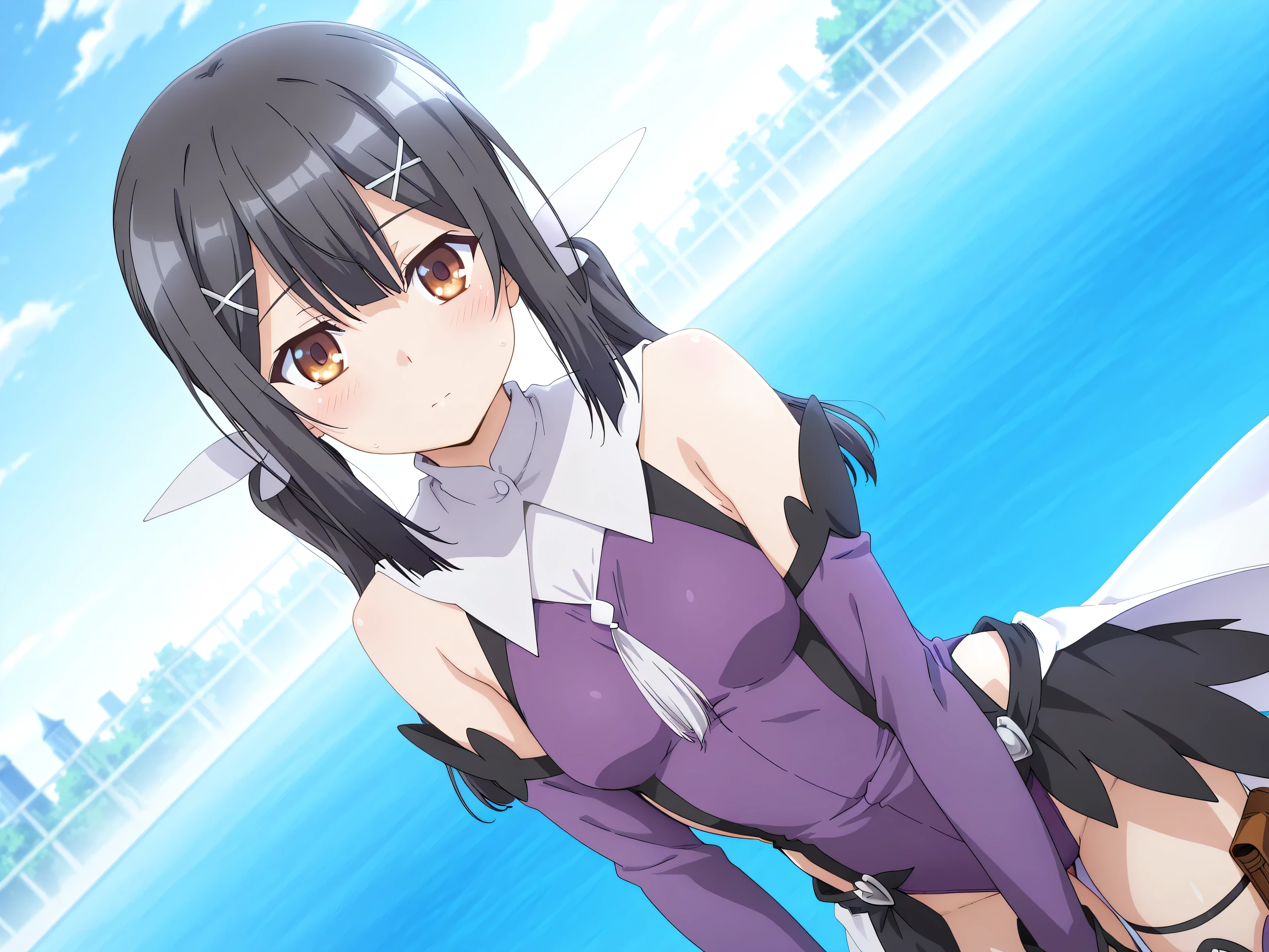KaoriHojo, masterpiece, best quality, highres, 1girl, solo, fang, skin fang, short hair, (mole on thigh:0.8), bangs, hair behind ear, purple eyes, hair ornament, open mouth, beach, smile, squatting, small chest, short height, little girl, flat chest, small, cleavage, ((bare shoulder)), exposed, loose shirt