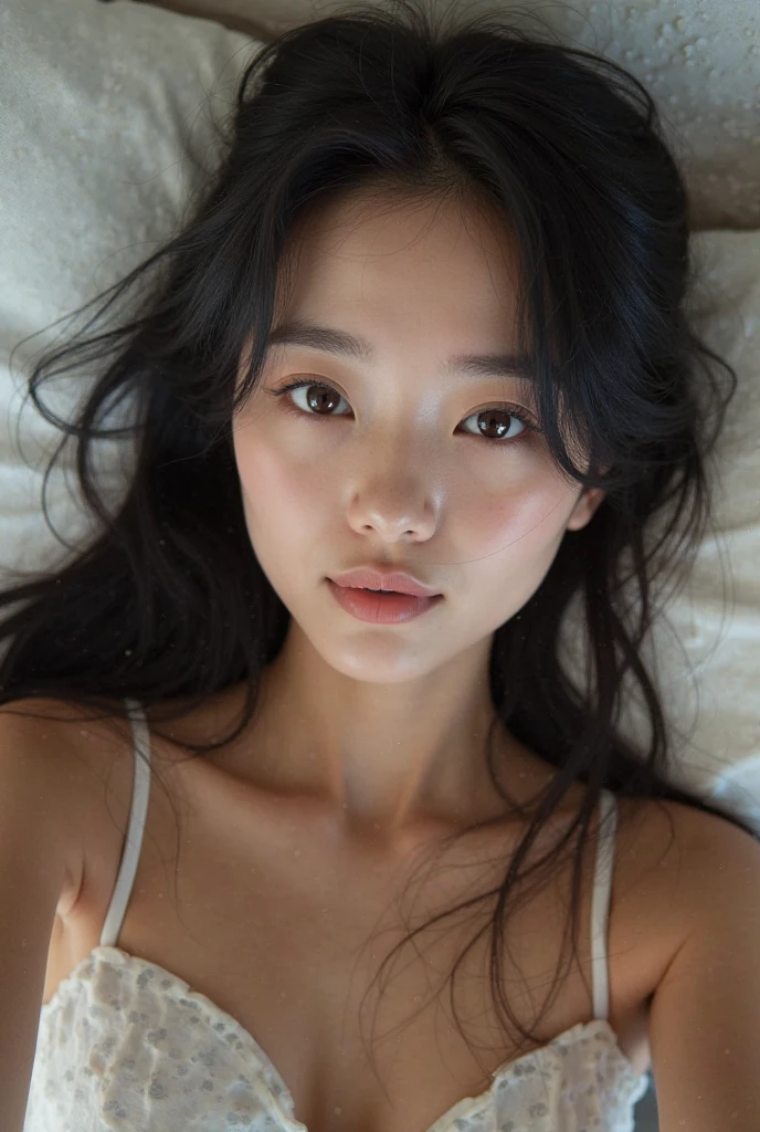 ((top quality, 8k, masterpiece: 1.3)), 1 girl, beauty with accentuated slender abs: 1.3, (dark brown hair, ponytail, big: 1.2), wet body: 1.2, pool, super detail face, detail eyes, double eyelids, full body, precise proportions, chinese model, 18 year old chinese girl, slim model lying next to the bed, single, petite, Hair fluttering in the wind, tulle, long legs, slightly open legs, buttocks, blush, shy, collarbone, abs, double weave, Chinese woman, beautiful and delicate face, fair skin, real skin, (detailed face), goose egg face, pores, ultra high resolution, 8k, parameters top quality, masterpiece, ultra high resolution, (real 2.0), detailed, skin details, white panties, brunette straight hair, beautiful eyes, Asian girl, slim, fashion, cosplay girl, girlfriend, beautiful, beautiful, flower, studio lighting