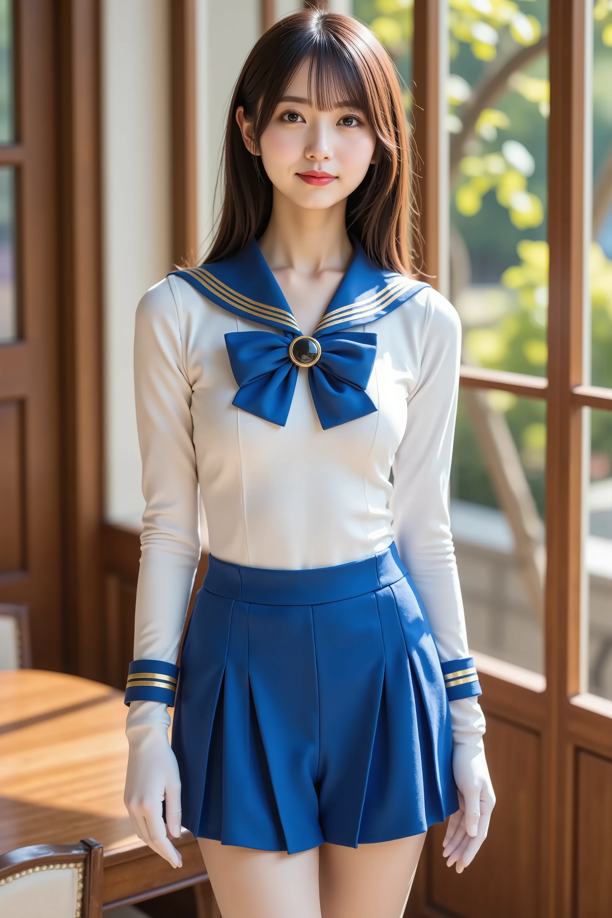 firm breast, by adjusting the framing so the subject's full head is visible within the composition. Keep the camera angle and expression consistent while extending the top portion of the image naturally, A stylized and form-fitting outfit inspired by sailor-style uniforms, consisting of a structured white bodysuit paired with a vivid blue pleated mini skirt. The bodysuit is tailored with smooth seams and clean paneling that contours the torso, giving a sculpted silhouette. Made of a stretch fabric with a slight sheen, it offers both flexibility and a sleek finish under light. A large deep blue bow is fixed at the chest, featuring a glossy round jewel at its center that reflects ambient light and draws visual focus. The neckline is framed by a wide blue sailor-style collar trimmed with double gold stripes, extending squarely down the back. The sharply pleated mini skirt sits high on the waist and holds its shape with structured fabric, offering movement and dimension. Long white gloves extend from hands to upper arms, made from flexible material, and are decorated with three horizontal gold bands around the forearm. These elements create symmetry, linking the gloves to the gold-trimmed collar for a cohesive design. The outfit blends classic uniform influences with modern tailoring, creating a bold, confident silhouette. The setting is a softly lit interior with warm wood details, including a wide window frame and a polished wooden table. Natural daylight pours through the large window, casting soft highlights across the outfit and creating subtle reflections on the jewel and trim. Outside the window, leafy branches and filtered sunlight suggest a peaceful garden space, enhancing the atmosphere with natural texture. The overall composition presents a balance of structured fashion and relaxed indoor setting, emphasizing clarity, contrast, and visual harmony.