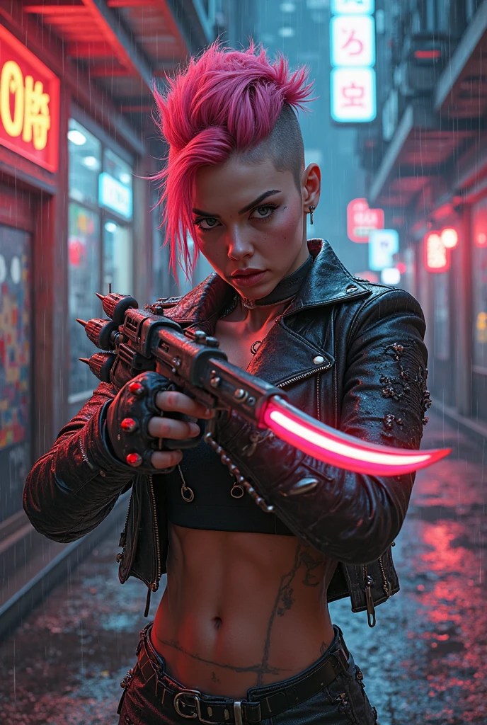 girl, green hair with two ponytails, jacket with black bra, fullbody tattoo.