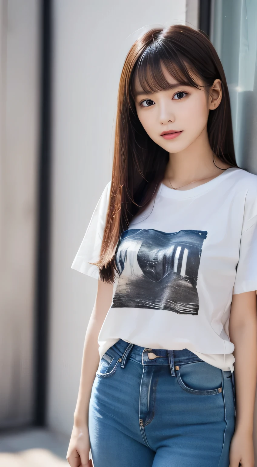 (beautiful girl、cute face、stares at viewers:1.3)、top quality,8K image、 Patchy double eyelids、happy、natural makeup、 Moi Strip、white skin、( straight hair 、 medium hair、 straight hair , strongly blurred white background 、 black t-shirt、Oversized Tee、 jeans pants、slender、summer:1.3),bangs that hang over the eyebrows