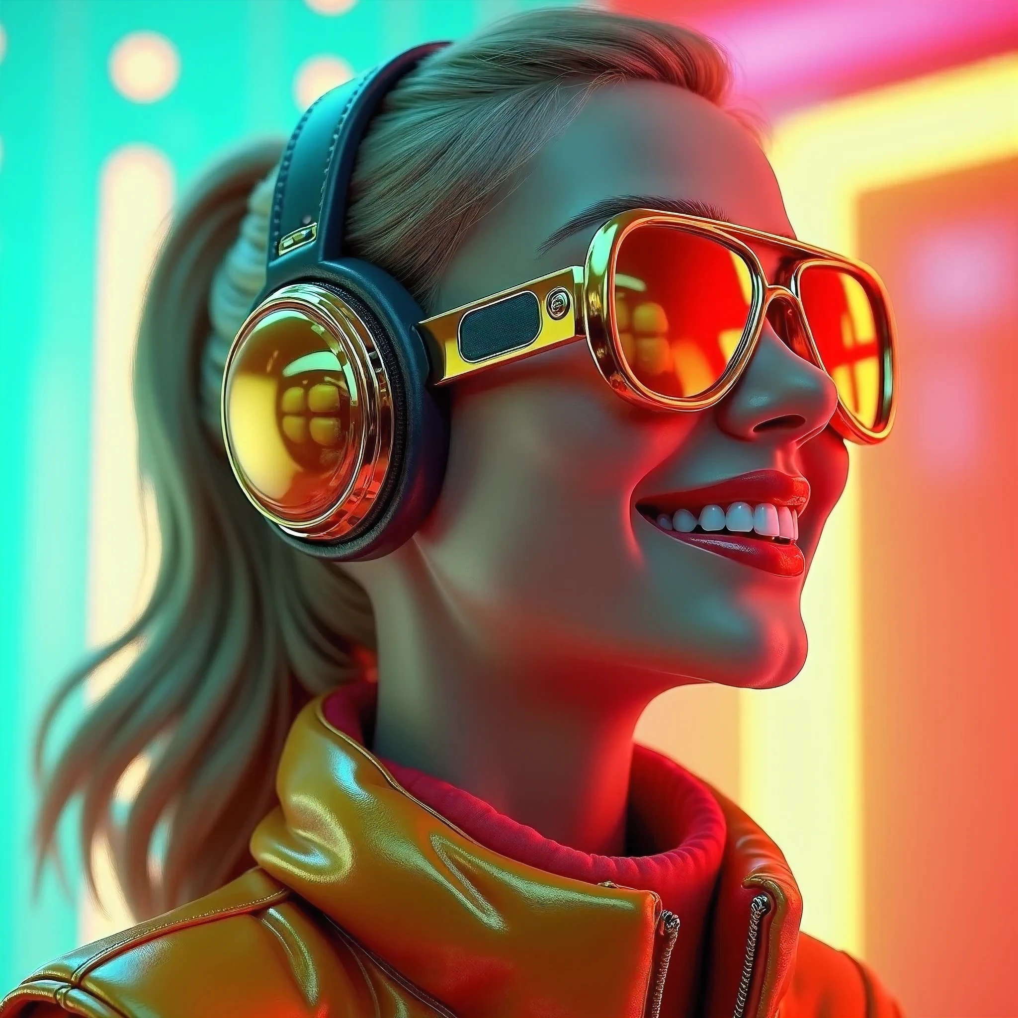 一幅描绘高品质水果武器,((Side view angle)), wear gold frame reflective sunglasses ,Back to the future weapon, very happy ,Side view angle,full body,Stereo,Octane Rendering,Perfect face,Collagen texture