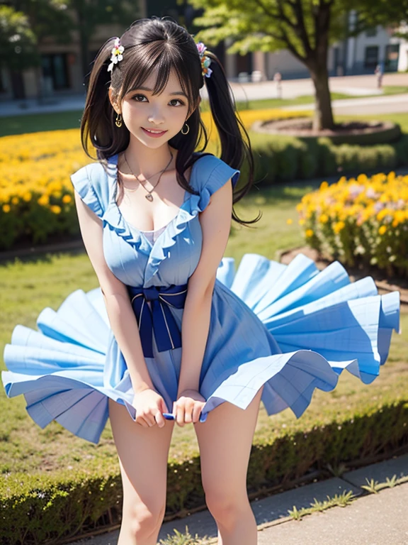 full shot, perfect female body with small breasts and long legs with a narrow waist, european rapunzel girl with long hair who walks along the avenue with cherry blossoms on a sunny day, the girl is wearing a tight ultra-short dress with sexy cutouts on the side, appliqué patterns on a bright blue dress  in the form of pink sakura blossoms and the edges of the dress are decorated with a gold ribbon, the girl’s legs are dressed in black stockings with suspenders to the middle of the thighs in a mesh, beautiful graceful blue stilettos with pink bows are on her feet, the girl’s mood is playful flirting and smiling looking at the camera, the girl’s eyes  bright blue color with large and long eyelashes with the shape of eyes slanted like a cat, facial features are the best with ideal proportions, the face is oval, the shooting angle is slightly lower, high definition, clear focus, artistic style, photorealistic, the back light of the sun illuminates the contours of the girl drawing a light outline  , front light soft, soft shadows, depth of field, beautiful bokeh, lens flare and flare, jerry gionis style, golden ratio, monocle photo lens, monocle style image, optical resolution photo matrix 100 megapixels with detailed detail, 16:9 --auto --s2