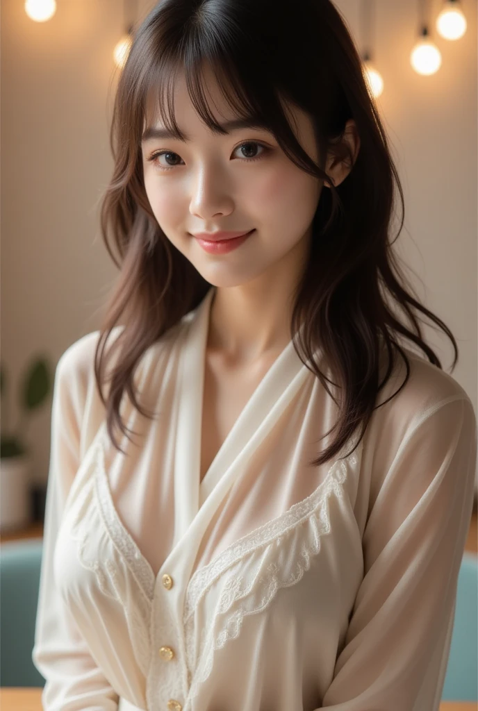(8K、Raw photography、top-quality、hight resolution:1.2)、(realisitic、photoRealstic:1.5)、1girl in、Solo、Cute and very detailed eyes、Cherry-heart-shaped lips、The upper part of the body、wrapped in a big cloth、Shoulders are visible、room at night、dark ilumination, kiss, Short hair, Wavy Hair, Little smile, delicate and messy hair,