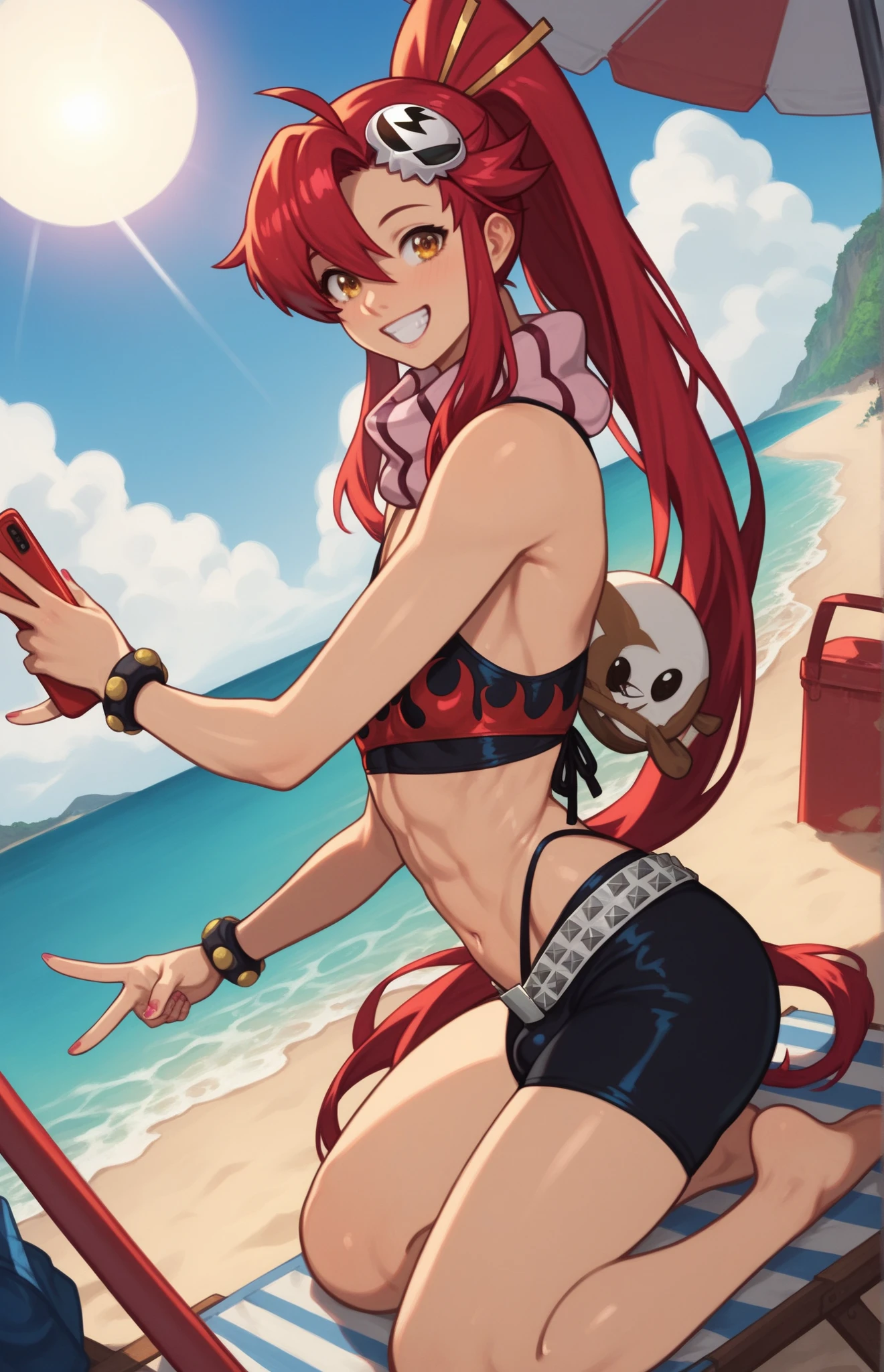 One girl, Yoko Littner, tanned, bikini, lying in the sand, beach, nipples, sweating, winking,