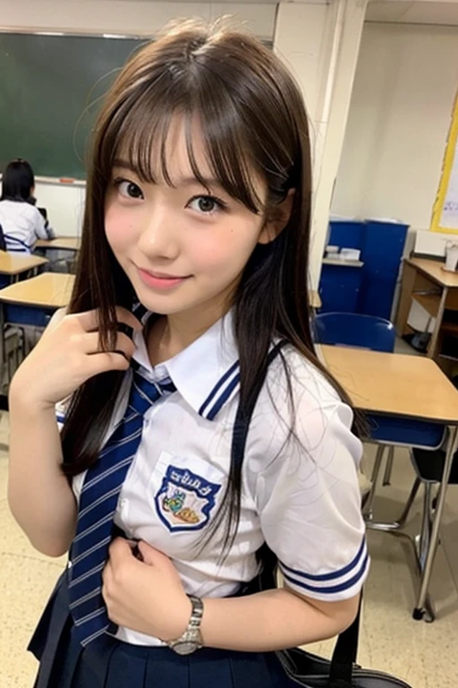 ((highest quality)), ((masterpiece)), (be familiar with), Perfect face, perfect Japanese beauty, black super straight long hair, looks like an idol。 Super straight long hair length reaches to the knees very detailed hair very dense skin Neat bangs Bangs are Hime cut. Perfect body. big big tits Her are like watermelons。
She is wearing a sailor suit and writing on the blackboard in the classroom.。she is smiling happily。Full body shot