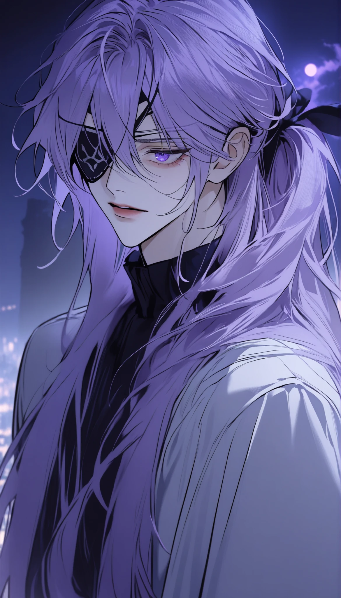 good looking, alone, 1 male, long hair, (ponytail, light purple hair), night, Black light、Looking this way、Attractive eyes。masterpiece, Highest quality, Anatomically correct, ,night景、((Eye patch))、Long Bangs、magic