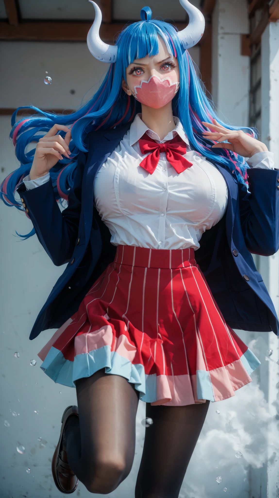 real, realistic, photorealistic, RAW photo, 8k uhd, dslr, soft lighting, high quality, film grain, Fujifilm XT3, FAP_BibleBlack_JunkoMochida_ownwaifu, very long hair, blue hair, hairband, blue eyes, rimless glasses, large breasts, white shirt, deep cleavage, thighhighs, cowboy shot, smile, looking at viewer, mature woman, solo, curvy, (red pleated mini skirt:1.4),