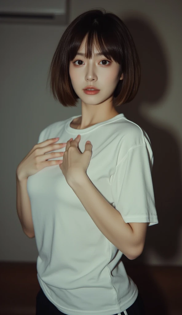 realistic,Ultra high definition,23-year-old girl,Big slanted eyes,short hair,Semi-long hair,Fitted shirt,(Look Up),From below,round face,Short plump neck,Massively swollen trachea,lumpy throat