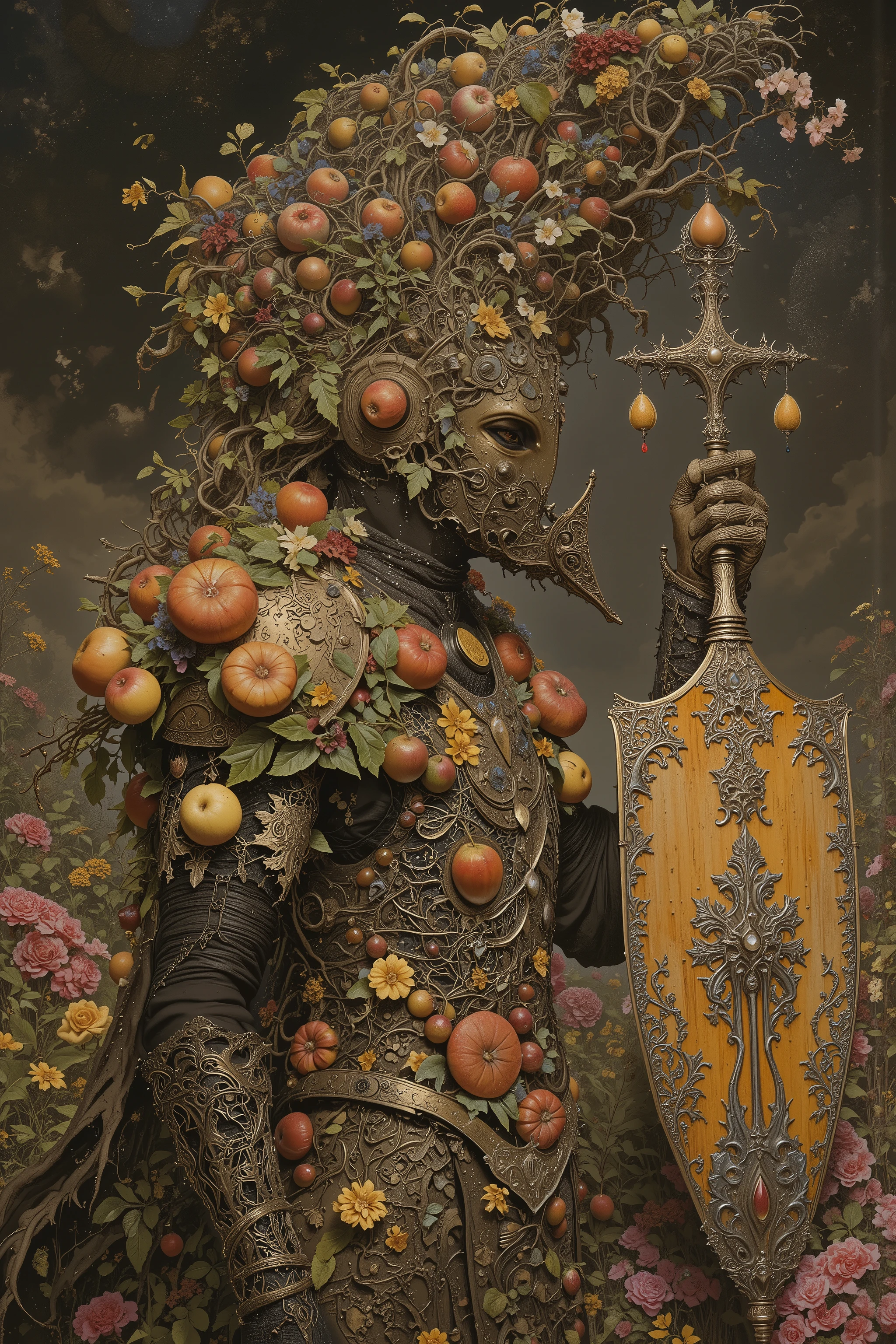 ((A androgynous Knight in Western Armor)),((fruits,Shield and weapons made of fruit:1.1)),(Morning Star,top of Morningstar is a fruit),facing to the side,from side,side view,fullbody,battlefield,beautiful,iconic,dynamic pose,dynamic angle,body horror,biomachine,living being,(vivid color),(colorful),tangled, H.R Giger style,Gustav Klimt Style,plants,root,Granulated,colorfull,dark fantasy,
dynamic pose , dynamic angle , dramatic , cinematic lighting , ((ultra-realistic , as realistic as possible , cinematic quality , top quality , masterpiece , High sensitivity , High Resolution , detailed depiction , 16k , 8k , hyper realistic photo , beautiful detailed , High Definition , high detail , realistic , high detail)) , ,biomechanical style
