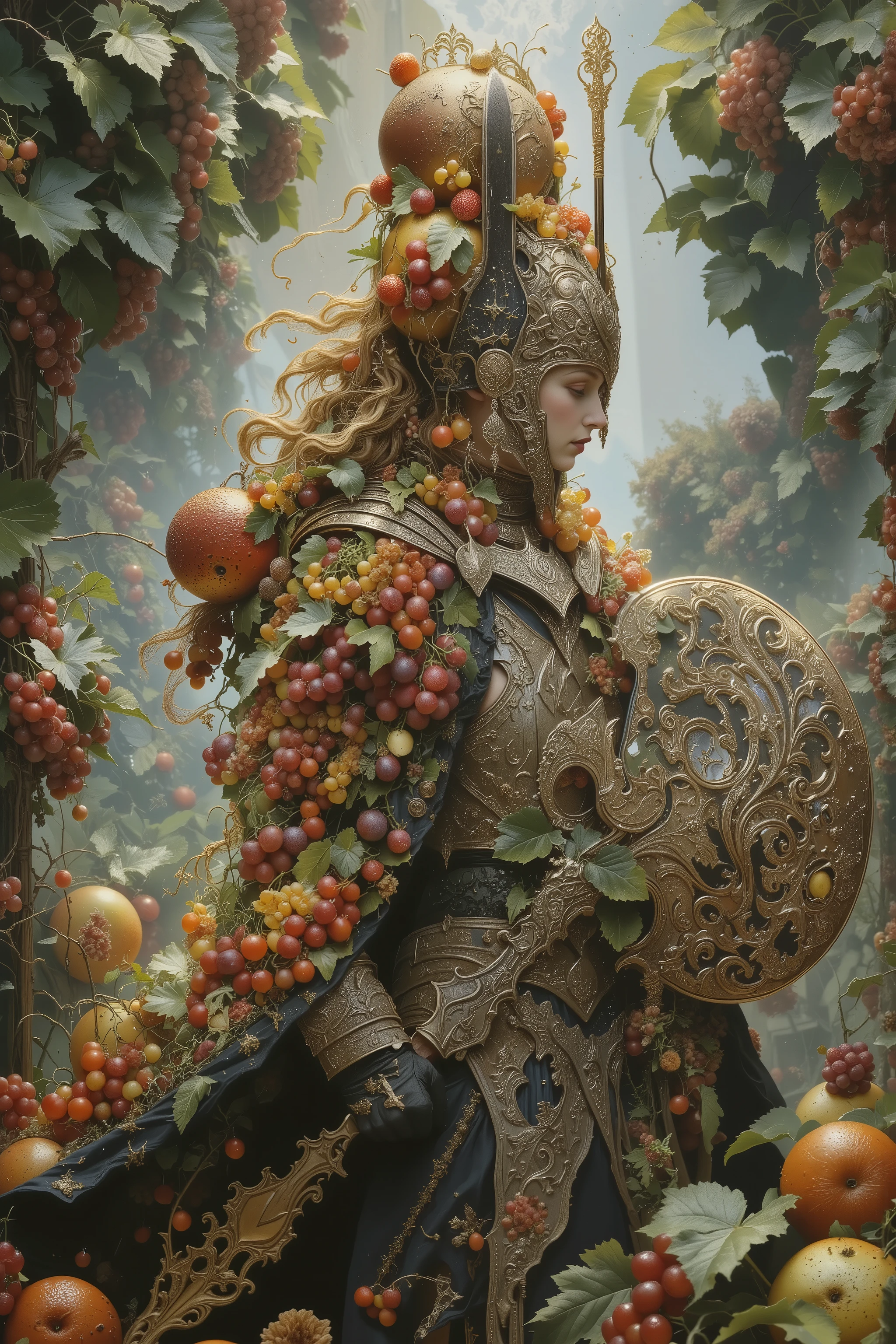 ((A female Knight in Western Armor)),((fruits,Shield and Weapons made from fruits,grapes,berry:1.5)),(Morning Star,top of Morningstar is a fruit),facing to the side,from side,side view,fullbody,battlefield,beautiful,iconic,dynamic pose,dynamic angle,body horror,biomachine,living being,(vivid color),(colorful),tangled, H.R Giger style,Gustav Klimt Style,plants,root,Granulated,colorfull,dark fantasy,
dynamic pose , dynamic angle , dramatic , cinematic lighting , ((ultra-realistic , as realistic as possible , cinematic quality , top quality , masterpiece , High sensitivity , High Resolution , detailed depiction , 16k , 8k , hyper realistic photo , beautiful detailed , High Definition , high detail , realistic , high detail)) , ,biomechanical style