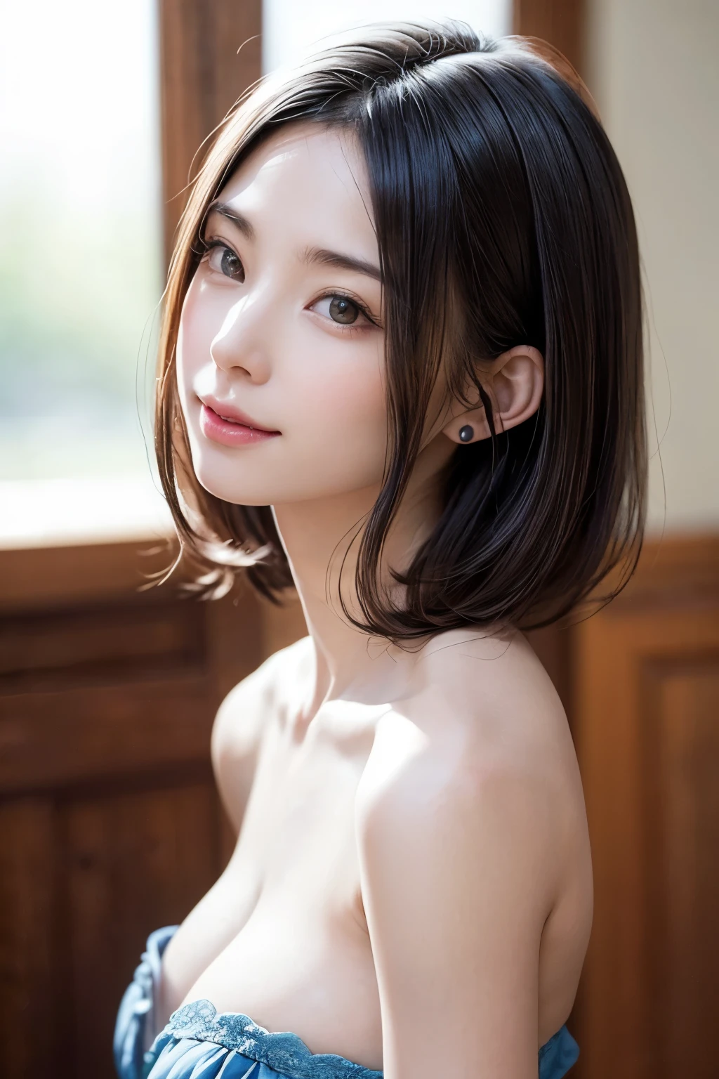 Highest quality, masterpiece, (Realistic: 1.4, Everything is beautifully detailed), One Woman, Golden Ratio, Perfect Face, Beautiful appearance, Pretty face, Face close-up, Short Bob, short hair, smile from Different Angles, smile, Gloss, highlight, Glossy on Skin, Glossy on Skin, Wet Skin, Wet, bangs, Cute smile, bust, Off the shoulder, Refreshing charm, Full of elegance, smile from perfect hand angle, smile, Gloss, highlight, Glossy skin, bangs, bust, big, 暖かいOff the shoulder, Refreshing charm, Ear clearing, Looking into the camera, Pose from different angles, {gigantic|big|huge|mega} breasts, cleavage