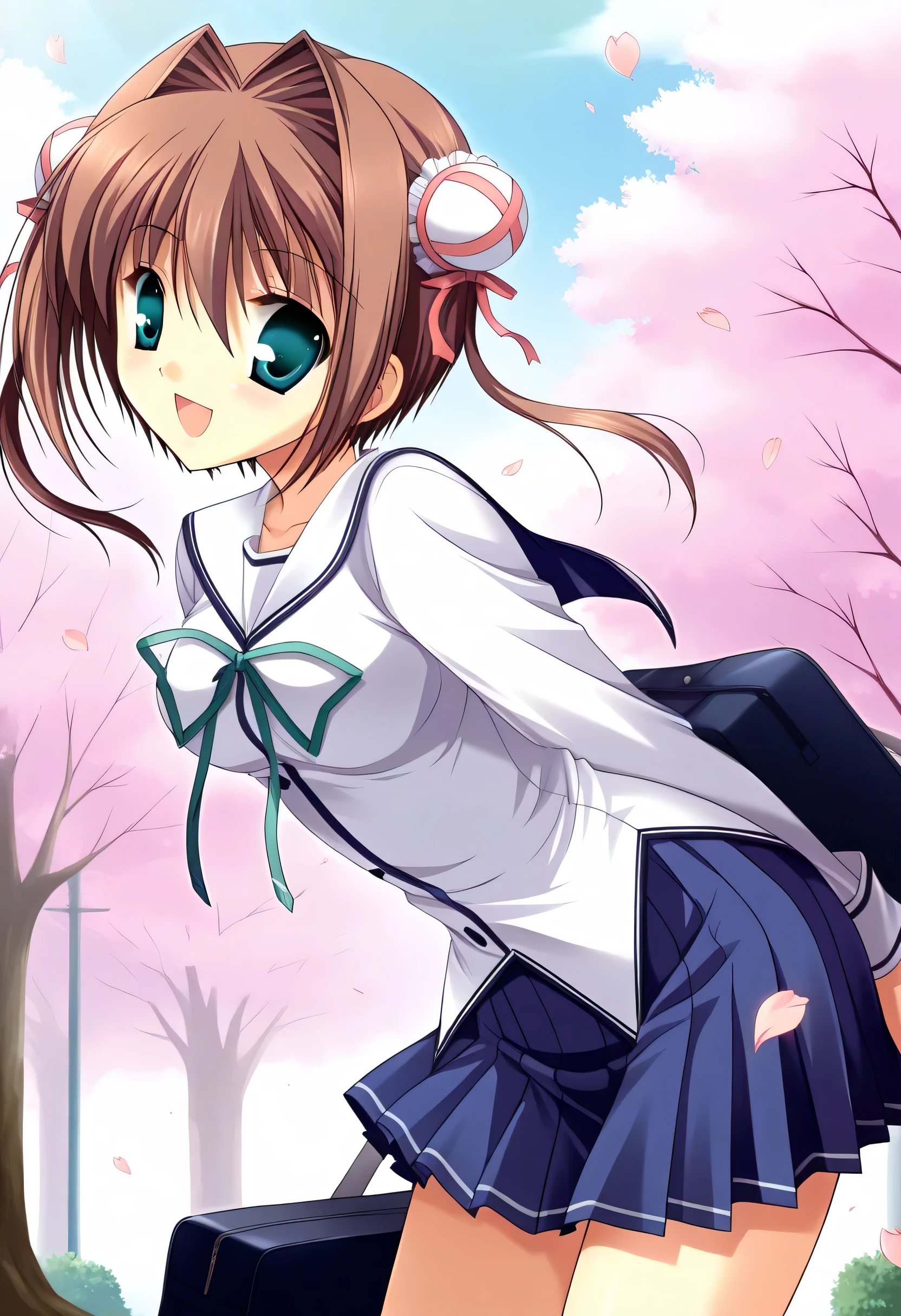 yume,score_9,score_8_up,score_7_up,sauce_anime,1 girl,(small medium breasts),day,close one eye,standing,forward leaning posture,white school uniform,serafuku,long sleeves,blue pleated miniskirt,school bag,tree,cherry blossoms,petals,smile,:d,