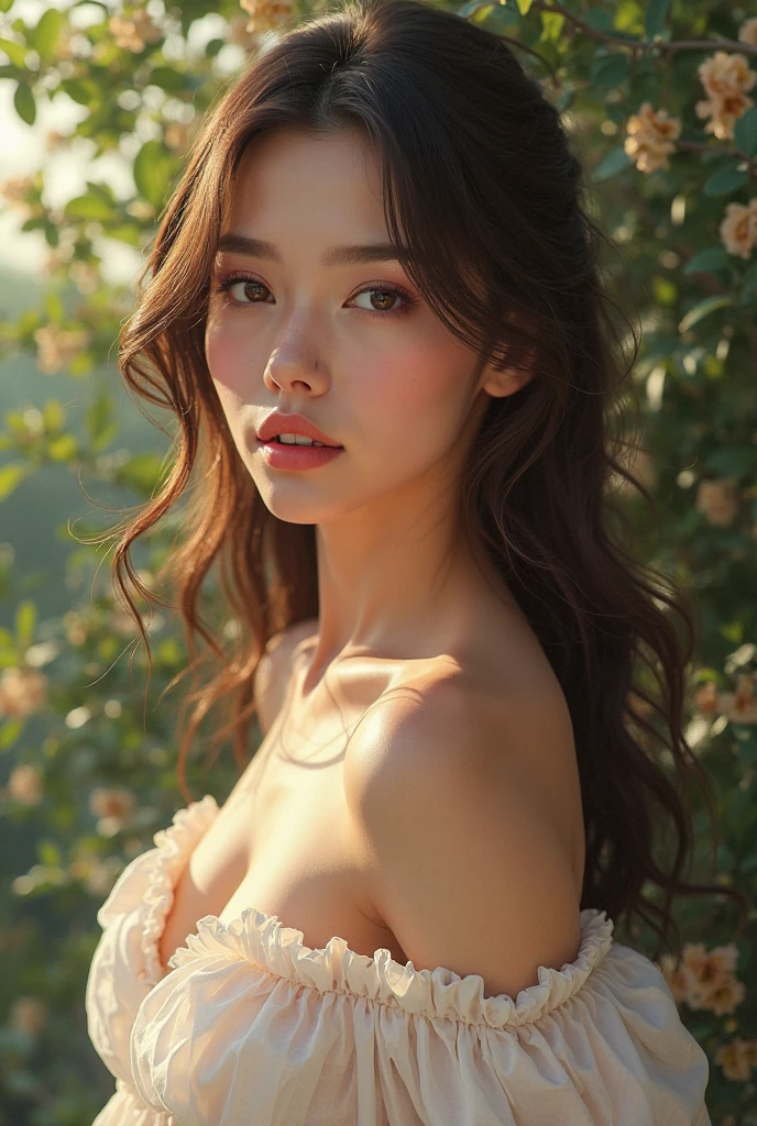 forest, party, (Close-up of the painting style,Ultra HD 8K,Masterpiece grade CG wallpaper),Cinematic lighting,cute girly,Delicate and beautiful face,Dreamy pupils,Wearing a small floral short summerdress,round waist,hijabi,Bust poem,Sit,Cloudy background,the trees,florals,夏天,Chinese style buildings, cleavage, magical