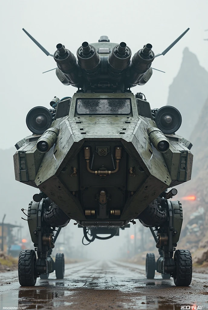 A four barrel tank with helicopter wings and two rail guns in the front ...