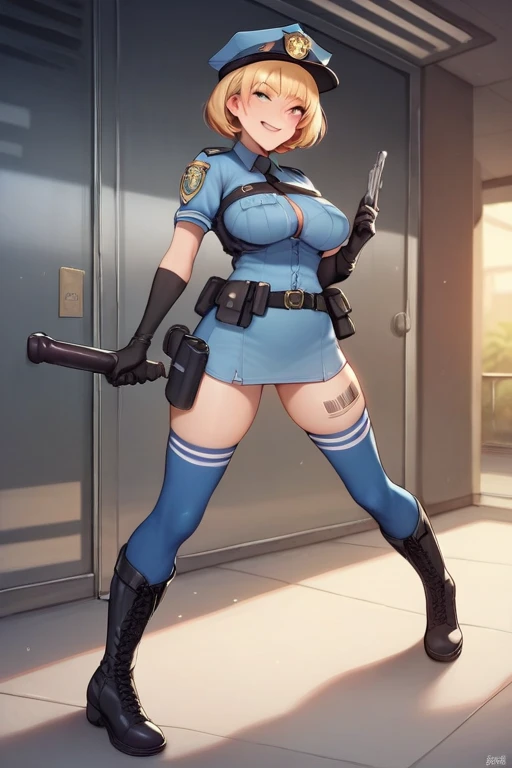 One beautiful mature woman, alone, Gorgeous face, (blush)、((Wearing a police uniform)), Grin、Red lips, eye shadow, eyeliner, ((Open legs)), With an ass like that, Huge breasts, Thighs Thighs, please sit down、Pink Bob Hair, lingerie, (masterpiece, highest quality, 8k, Realistic)