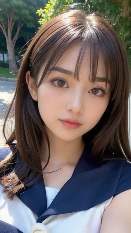 (8k,masterpiece, RAW photo,best quality:1.4),(photo realistic:1.2),(extremely detailed face),(shiny skin),(detailed skin),(detailed face),(extremely beautiful face),1girl,looking at viewer,Japanese idle(actress), brown hair,medium hair,straight hair,asymmetrical bangs,smile,glamor,large breasts, (school uniform:1.3),christmas market, face focus,natural lighting