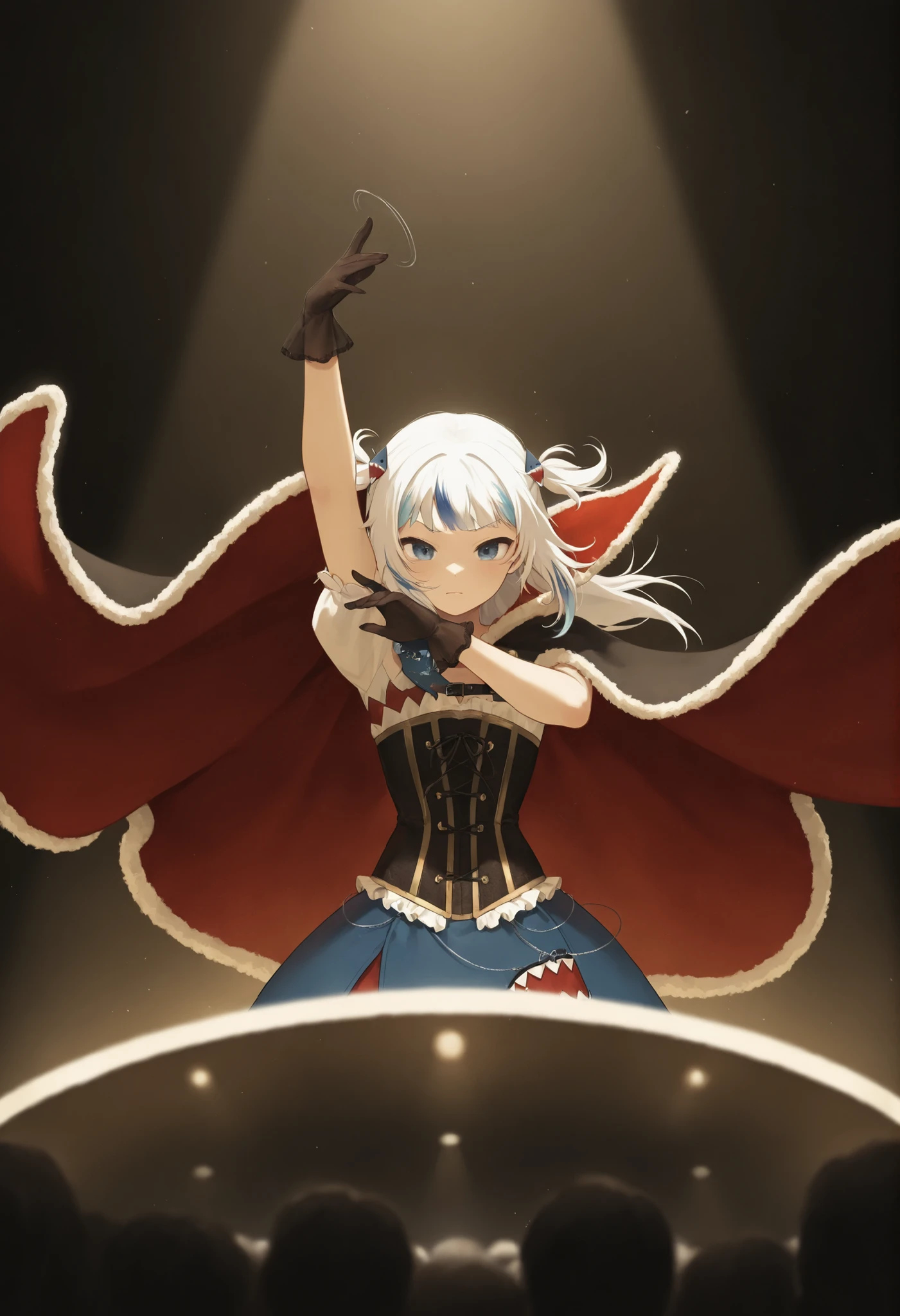 gawr gura,1girl,velvet_corset, (swirling_cape:1.2), stage_spotlight, dramatic_pose, opera_gloves,
masterpiece, best quality, newest, highres, absurdres,