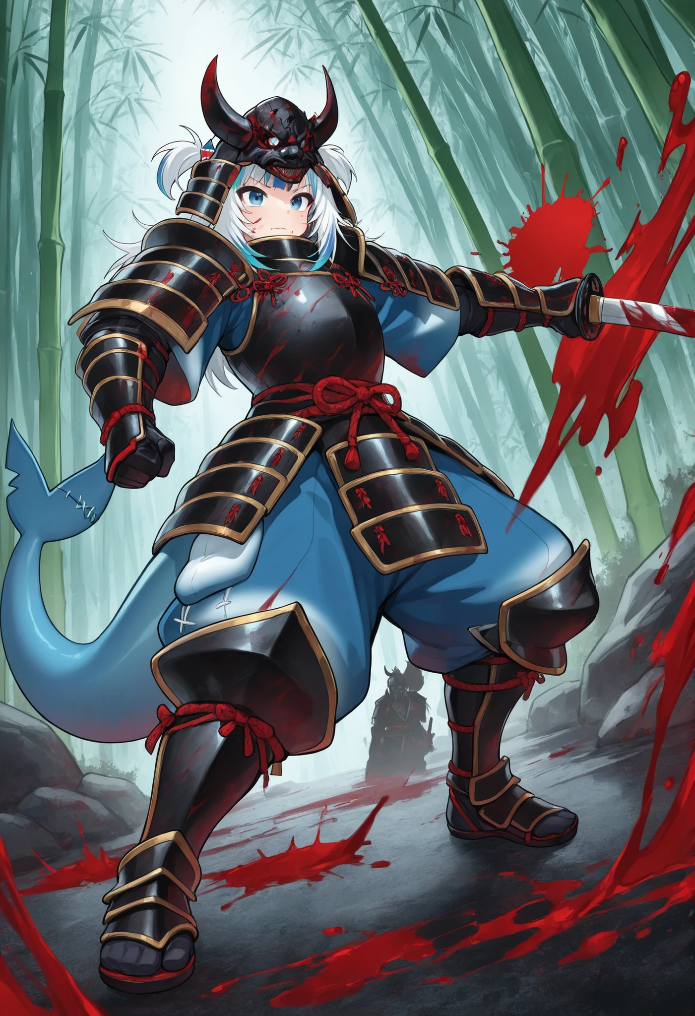 gawr gura,samurai_armor, (blood_splatter:1.2), iaido_stance, broken_mask, bamboo_forest,
masterpiece, best quality, newest, highres, absurdres,