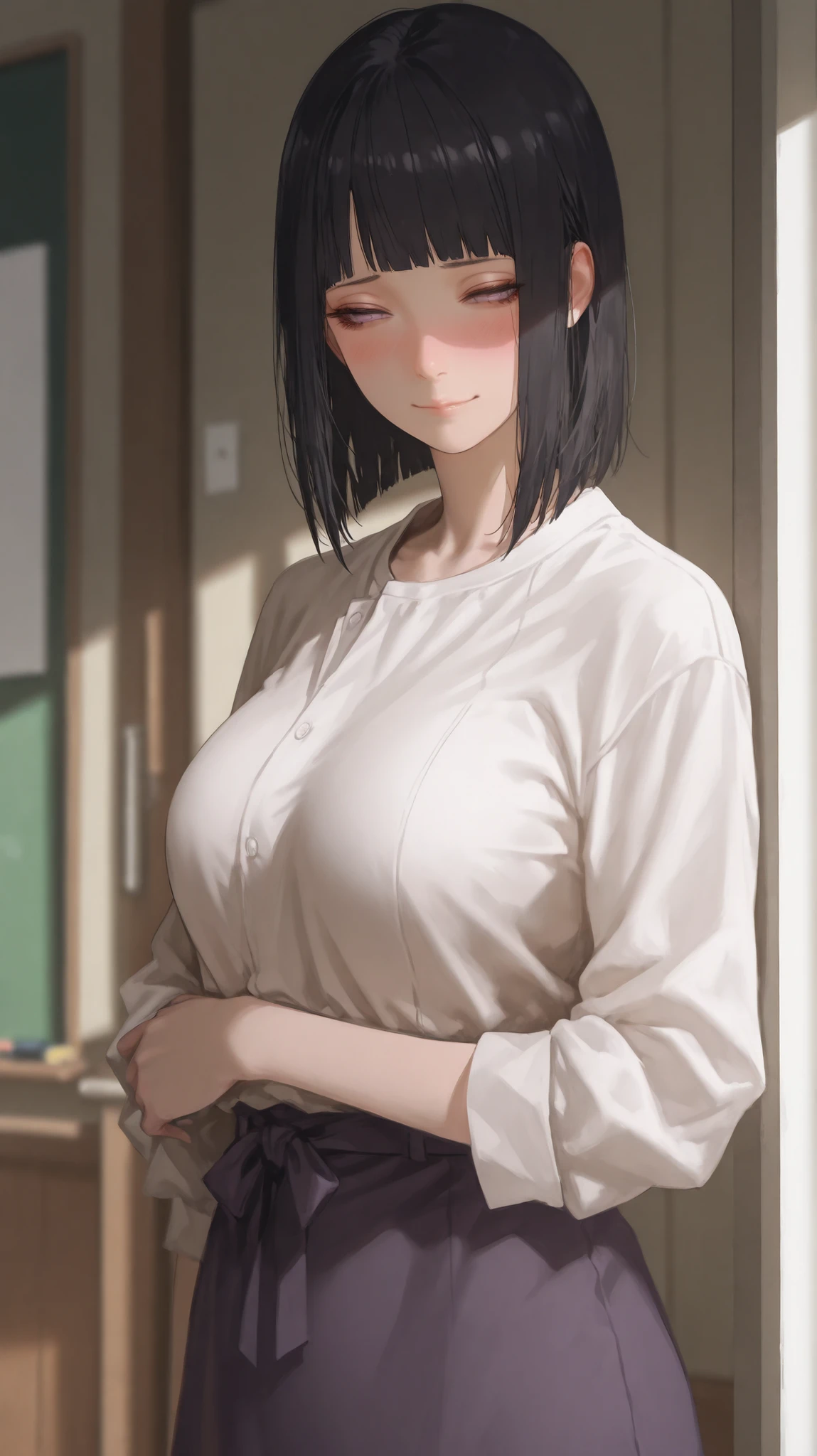 masterpiece, best quality, ultra-detailed,r17329_illu,usnr,Cute,masterpiece, best quality, ultra-detailed, 1girl, hinapony, black hair, byakugan eyes, blushing, :), half closed eyes, large breast, teacher outfit, calm and focused atmosphere, soft shadows, realistic lighting, standing, tidying up hair, front view