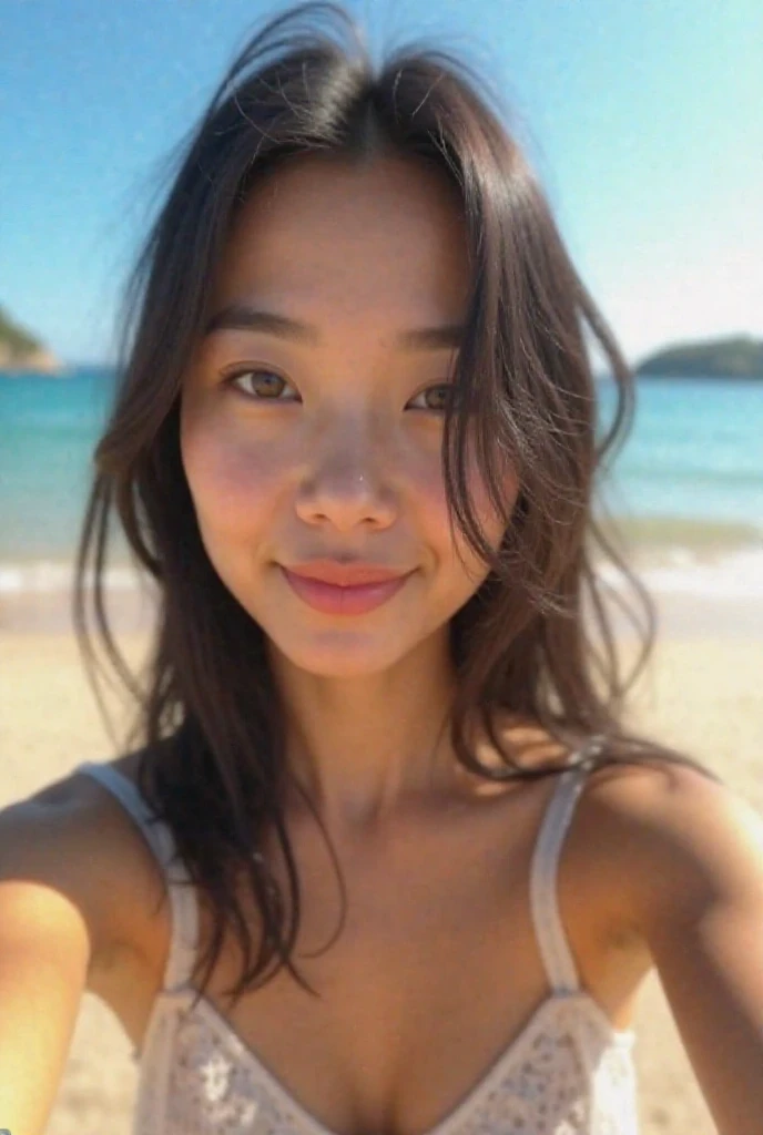 Masterpiece, best quality, ultra high resolution, hyper realistic, realistic, (photorealistic:1.4), photography, rule of third, 1girl, black hair, (the girl wearing summer dress), wearing beach sandals, beach background, sunset, detailed face , looking at viewer, (selfie:1.1), pov