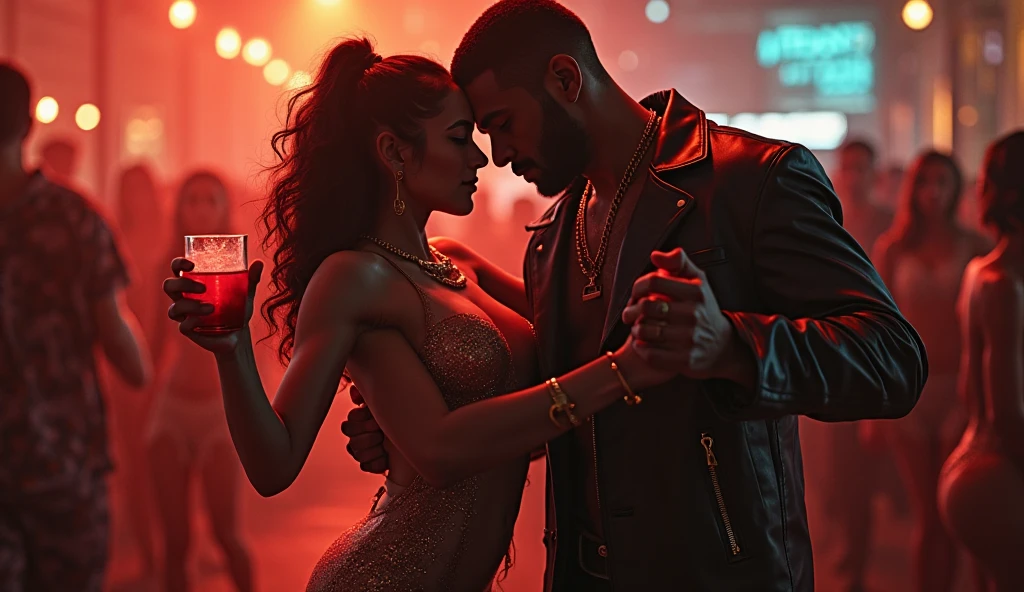 Stunning medium shot photograph of an African American couple 1 handsome black man with short fade haircut luxury black camsa, 1 beautiful Latin woman with dark skin chocolate color eyes looking at viewer emerald green color, seductive big body balanced , perfect beauty, long silky hair with waves, romantic scene, cover book art, big girl
