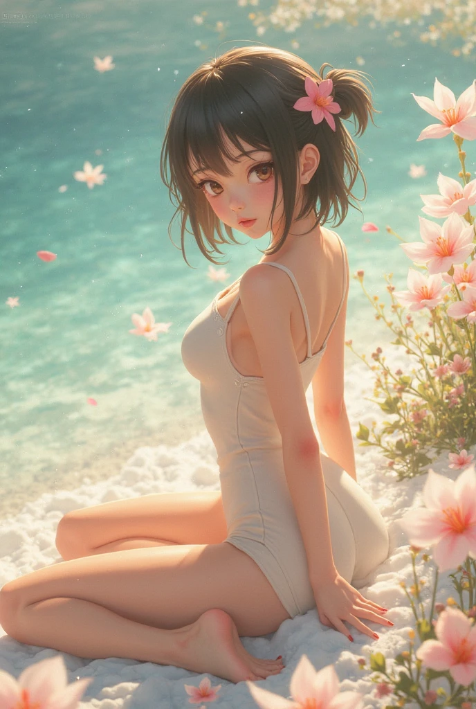 ((Masterpiece)), ((best quality)), (Anime:1.4), (super detail:1.2), (High Definition:1.3), (Professional Photography:1.3), (wide shot), (sharp focus), (perfect light), ((12 years old)), 8K, Glossy skin, cinematic lighting, 1girl, (Knit fabric tank top), (Cute innocent teenage girl), slendar body, small breast, glossy medium hair, (loose blunt bangs), ((:3)), open mouth, fang out, (naughty smile), beautiful collarbones, (slightly exposed shoulders), (put on Cat ears), pale brown hair, BREAK, ((best quality)), wide shot, (holding my knees:1.4), ((in purple anemone flowers)), summerday, Beautiful Horizon Background,