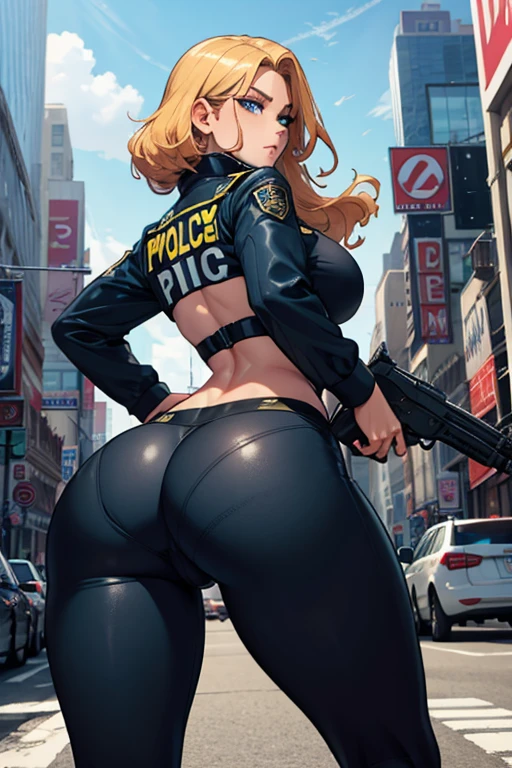 (masterpiece, top quality, best quality, beautiful and aesthetic:1.2), ultra-detailed, detailed clothes, topless, a very big ass, ass ass ass ass ass ass ass ass ass ass ass ass ass ass ass ass ass ass ass ass ass ass, bare ass, exposed ass, bodysuit, cyberpunk art, Artstation, police, thick, redhead, black clothes, high detailed, cartoon, marin kitagawa fanart, confident, alone, looking at viewer, ((night)), POLICE writing on back, (city at night), black police cap, green eyes, desolated alley