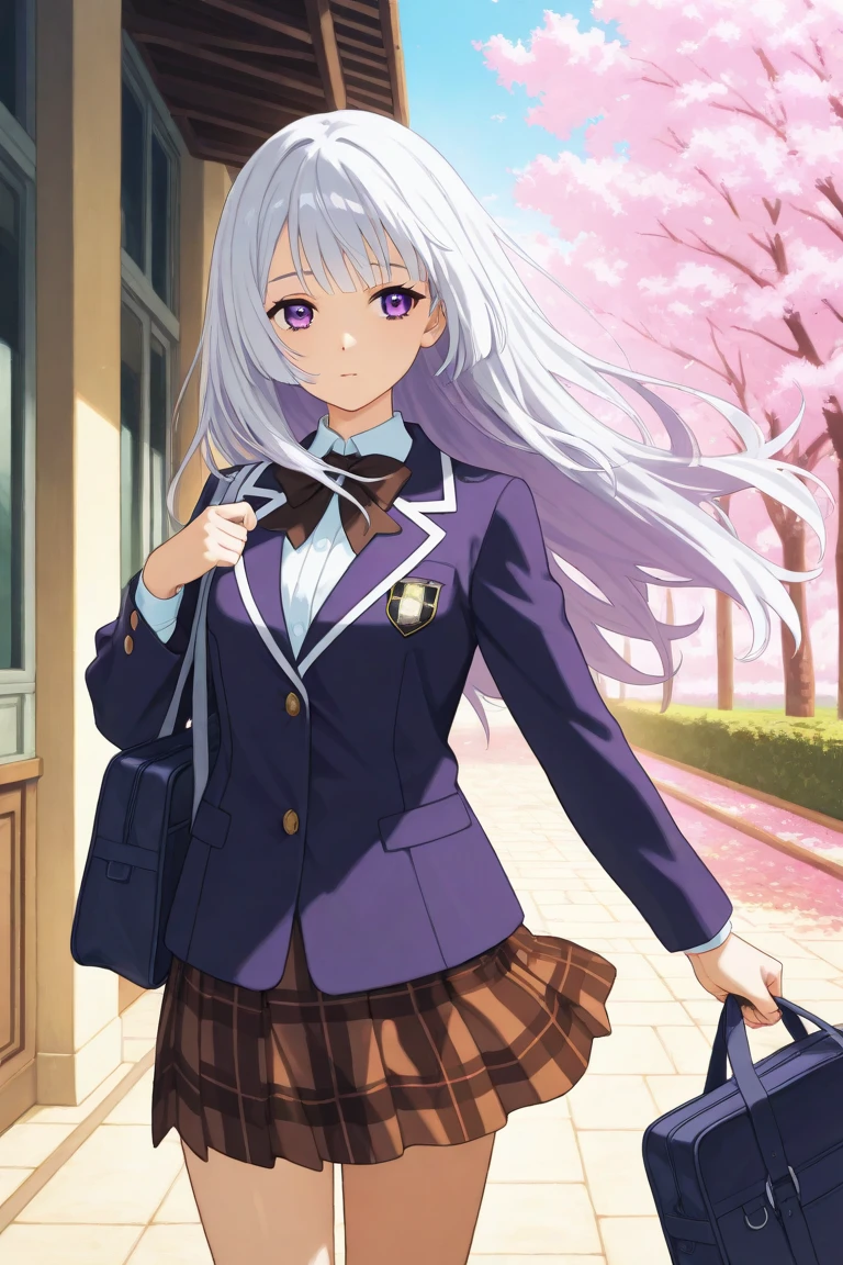 1girl, solo, BREAK <lora:Kyoko9:1> Kyoko, black gloves, purple jacket, purple skirt, brown necktie, white shirt, boots, grin, looking at viewer, waving, hand on hip, blue sky, masterpiece, best quality