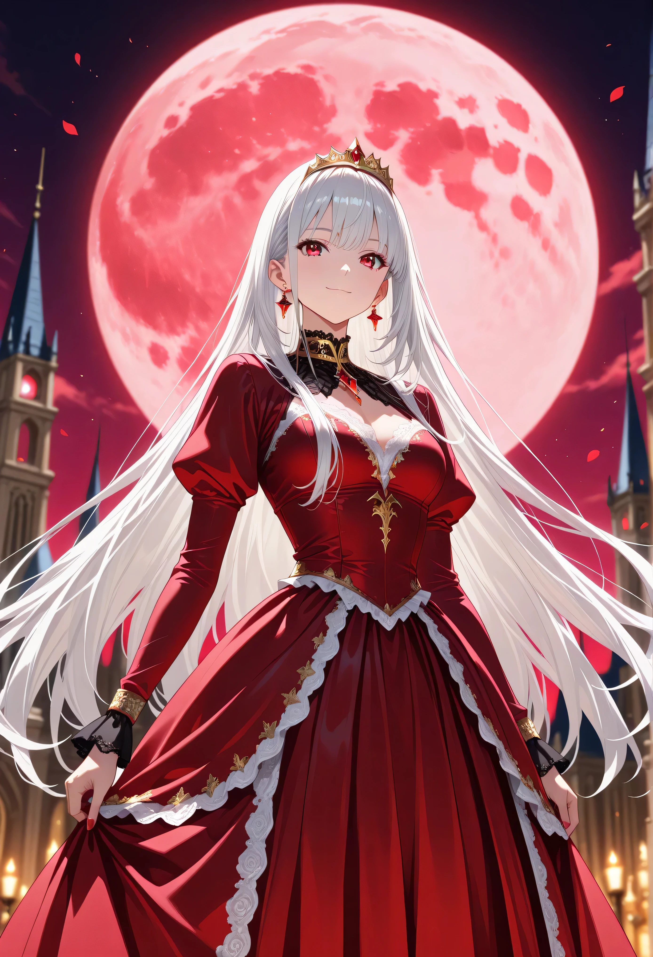 official art, ,((High Construction)) ,Hi-Res CG Unity 8K Wallpaper, super high accuracy , high accuracy , Half photo , Silk Embroidery and Film Grain , Best Quality ,8k, viewer , ((masterpiece)), ((Best Quality )), (high accuracy ), ((high accuracy)), (beautiful), amazing shading, cinematic lighting, high resolution , absurdres , hyper-detailed , realism , depth of field, extremely clear image , contrasts of light and shadow , 2 . 5D , artistic photography , hyper realistic
,booster ,detailer ,Design ,,High Construction ,BREAK
vampire girl ,light smile ,dark castle ,red moon ,at night ,BREAK ,white hair ,long straight hair ,red eyes ,Crimson Dress ,White embroidery, Gold tiara with red jewels, Red gemstone earrings ,