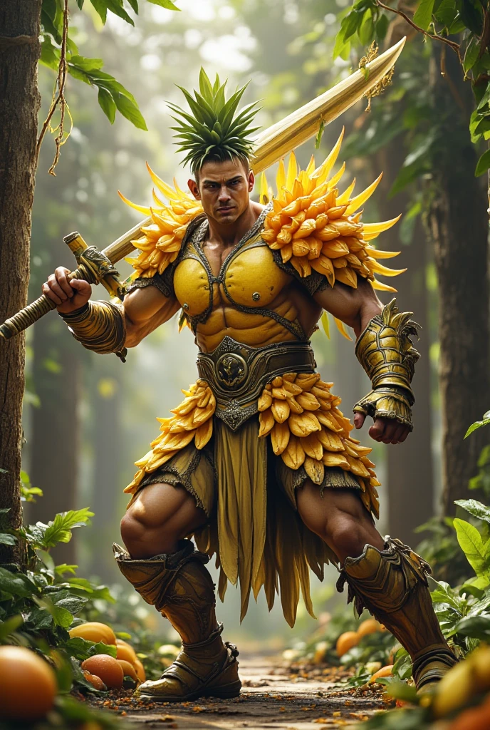 a realistic photo, human warrior with an organic armor made of fruits parts, orange peel flakes, anana shoulders, fighting position, holding banana as a sword, in temple cover in fruits, fruit sword