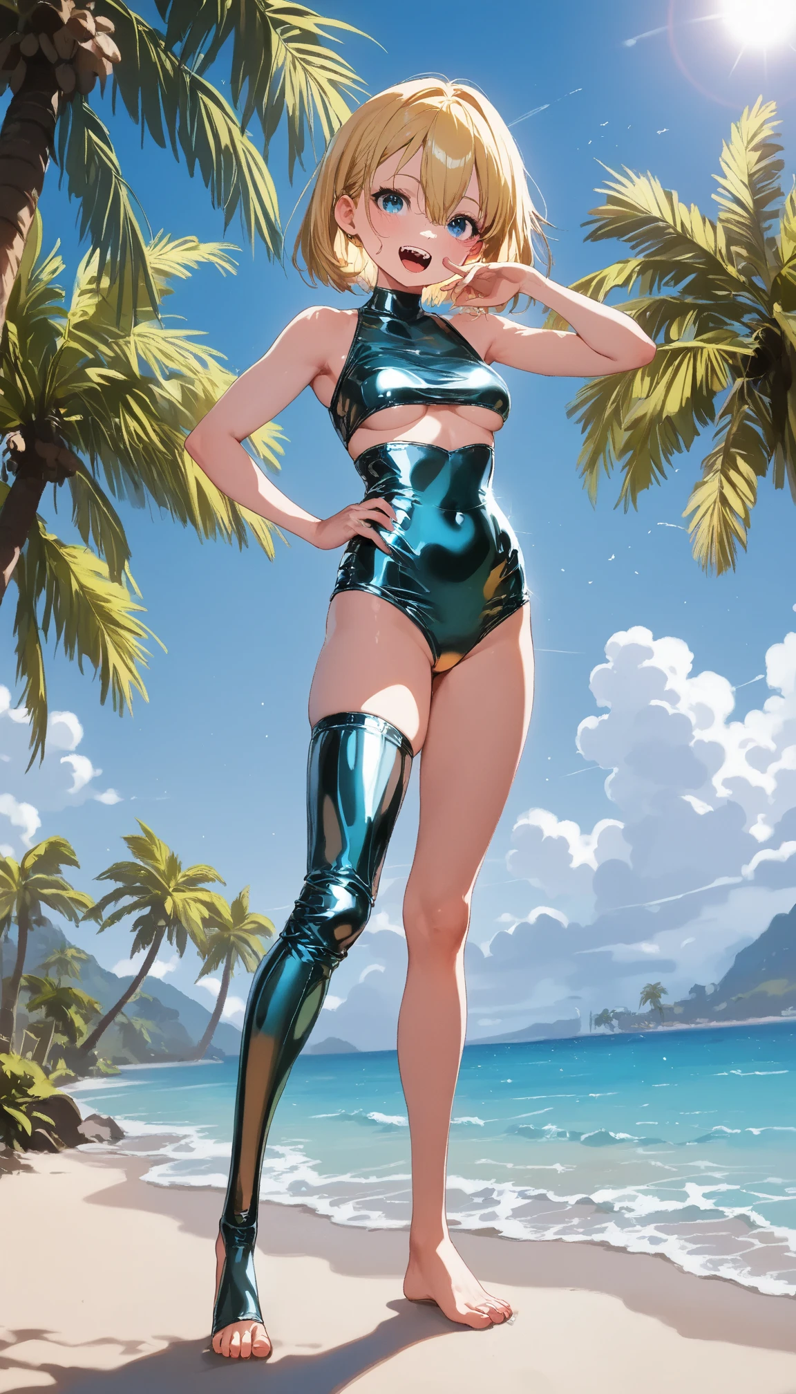 girl、solo、、swimsuit one piece、seductive pose、smile、beach、Playing with the waves on the beach、