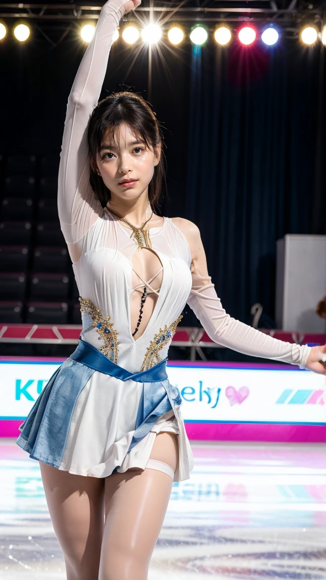 (smile))、Confused、RAW Photos、(((The ultimate portrait masterpiece)))、((The cutest girl in the world:1.4))、1 girl、12 years old、Japanese、Cute face、((Silky Hair))、(A high ponytail tied with a ribbon:1.4)、((Super huge breasts:0.3))、((Eyes that shine like jewels))、Glowing Skin、(young woman),Thin ribbon、(Uniforms made from high-quality fabrics:1.4)、Ultra-detailed uniforms、(She shyly pulls up her skirt:1.3),((Crotch from the front))、A skirt fluttering in the wind、eyeliner、Beautiful Bangs、Hair between the eyes、((solve、High resolution))、Detailed Background、8 KUHD、Digital SLR、Soft Light、high solve、Film Grain、Fujifilm XT3、Shallow depth of field、自然なSoft Light、Narrow waist,(Beautiful girl with sparkling eyes:1.4),(A big bust that seems to burst:-0.5),(You can see the shaved pan:1.59),(Very beautiful shaved pussy:1.5),(The idol-like cuteness of high school girls:1),(Professional figure skater female:1.3),,(A very old and worn out pussy:-0.9),(During the ice show),(Crouching on the ice)
