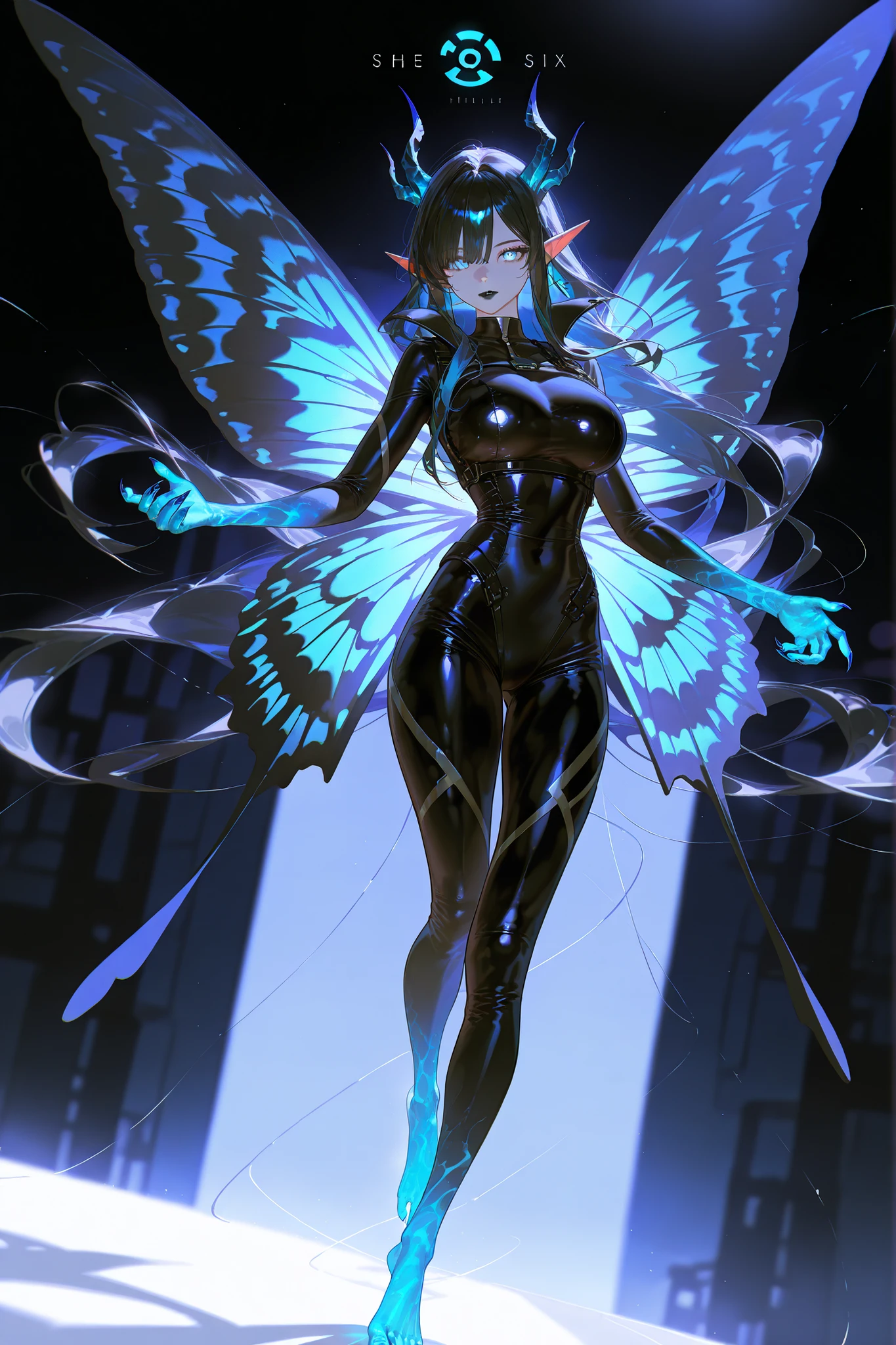 Woman with dark blue hair, butterfly wings, galaxy rainbow, leotard