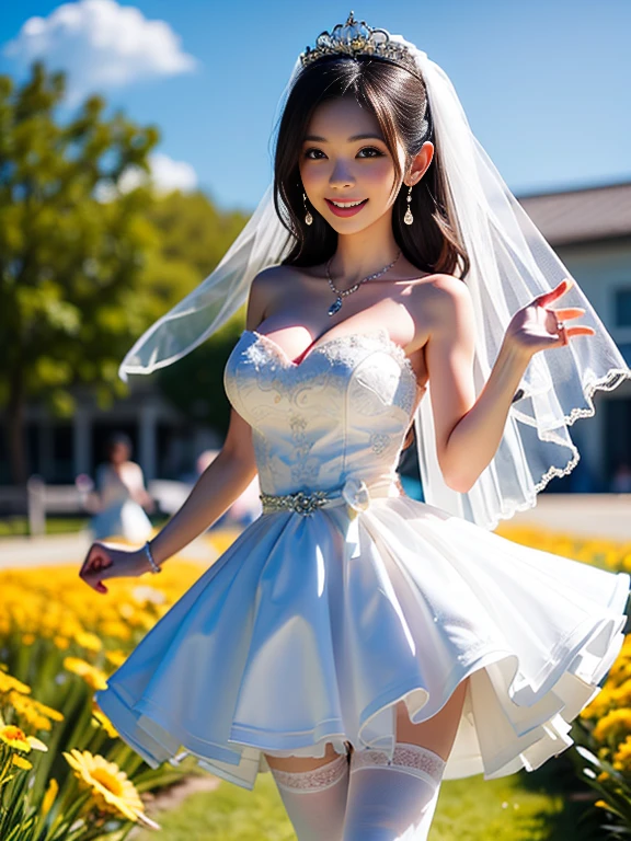 (((grabbing on breasts))), FRMM above, masutepiece, Best Quality, , 1girl in, Solo, Looking at Viewer, , depth of fields, Brown bob hair, Green eyes, gloves, Dress, cleavage, Bare shoulders, 鎖骨, elbow groves, White Gloves, White Dress, Strapless, tiarra, veils, straplessdress, wedding dress, Bridal Veil, Beautiful woman, Perfect body, medium breasts, wearing a wedding dress, ballgown, In the garden of trees, Wedding Decorations, , Evil smile , Realism, masutepiece, Textured skin, Super Detail, high detailing, High quality, Best Quality, 1080p, 16 K