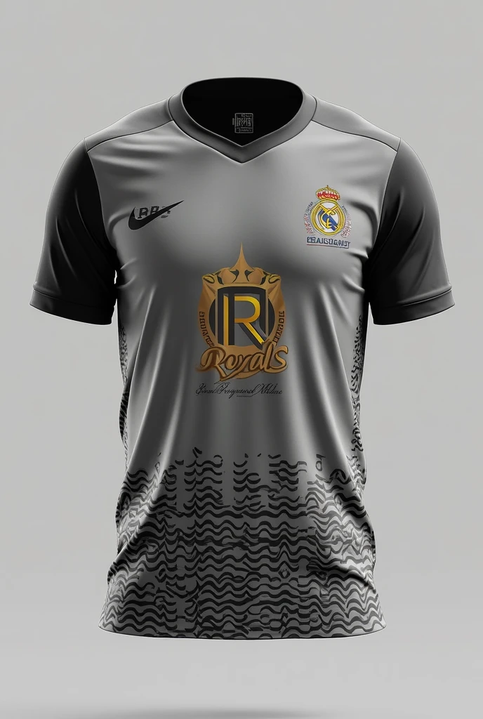 
Image of two football sports uniforms in light beige combined with black and gold , with a print on the front, Name "rafa" next to a number 9 on the back of one of the uniforms