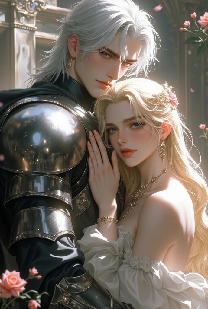 (best quality, highres, ultra-detailed), realistic portrayal of a muscular and handsome man with armor and in white short hair and blue eyes, kissing a beautiful woman with long white hair and blue eyes. She had armor. Both of them are wearing exquisite armor. The scene depicts a passionate moment between the two characters, capturing their intense love and desire. The artwork should be created using oil painting techniques, with a focus on capturing the intricate details of the characters' facial features and the luxurious texture of their hair. The lighting should enhance the romantic atmosphere, casting soft shadows and emphasizing the depth of their emotions. The overall color tone should be warm and inviting, with vibrant hues that accentuate the beauty of the characters. This masterpiece should evoke a sense of intimacy and longing, leaving viewers enchanted by the allure of true love.