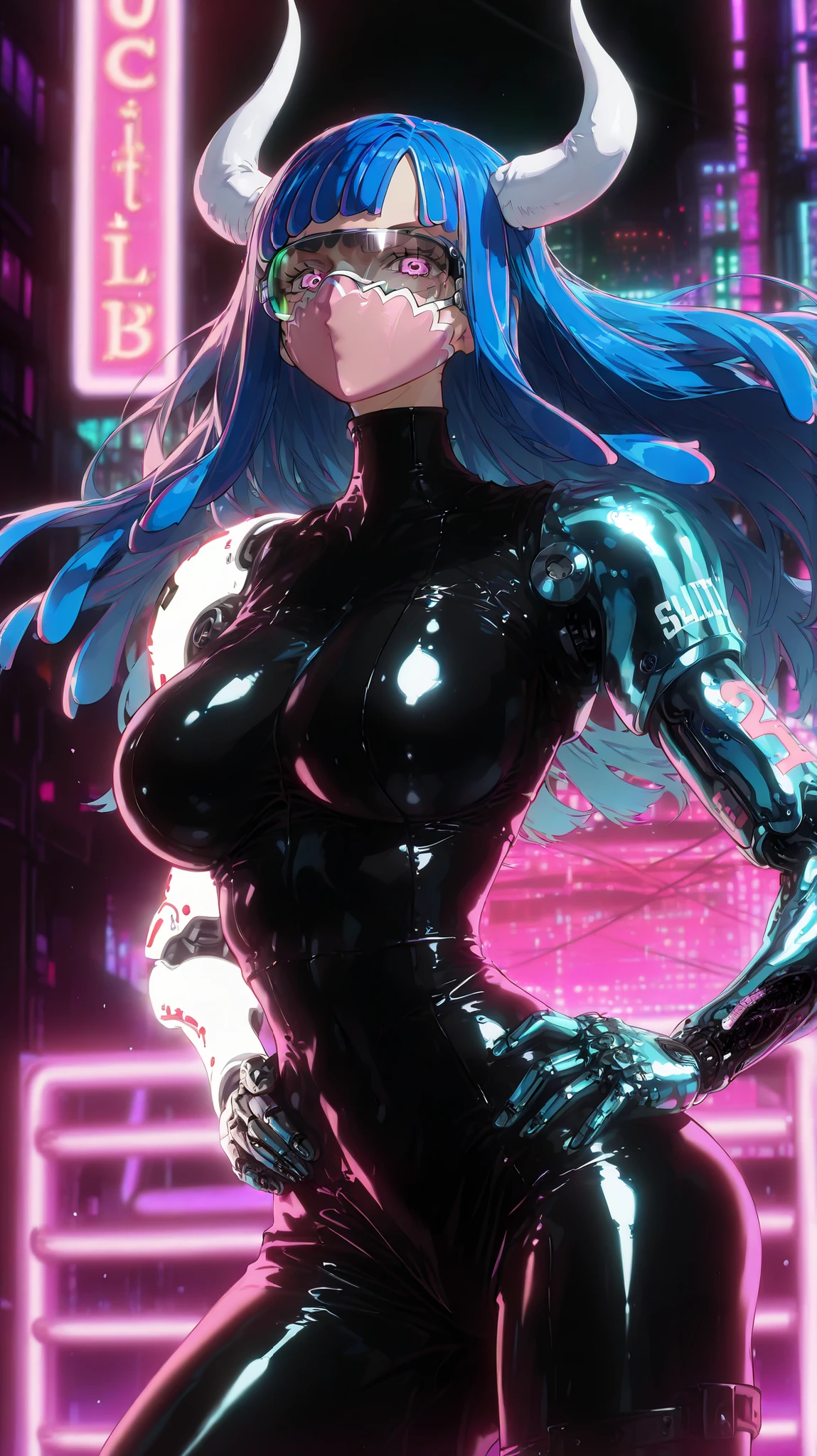 ult1, masterpiece, best quality, absurdres, Ulti from One Piece, cyberpunk style, 1girl, solo, long hair, straight hair with bangs and tied back section, blue hair with pink streaks, white horns, pink eyes, face mask, large breasts, (black leather bodysuit with neon blue accents), (cybernetic arm implants), (high-tech visor glasses), (neon-lit city background), dynamic pose, looking at viewer, blushing, standing, hands on hips, confident expression
