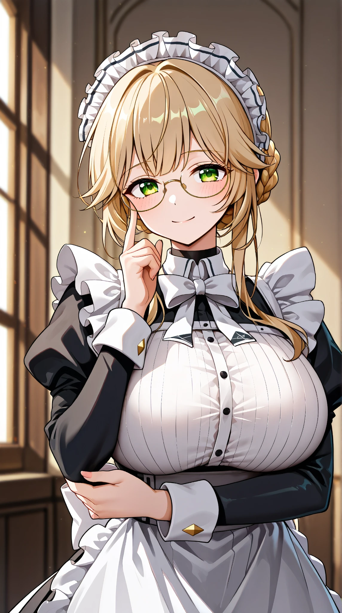 1 girl, curvy,alone, Are standing,light smile , ade, green eyes, (maid), long skirt,long sleeve,belt pouch,mature woman,(gigantic breasts), looking at the viewer,blond hair,braid,single hair bun,(((curtsey))),top-quality,Top image quality,perfect anatomy,masterpiece,ultra-detailliert,Beautiful、ultra-quality, best quality,high resolution, ultra-detailed,game cg,dutch angle ,beautiful detailed eyes, visualart,five fingers, perfect hands,upper body