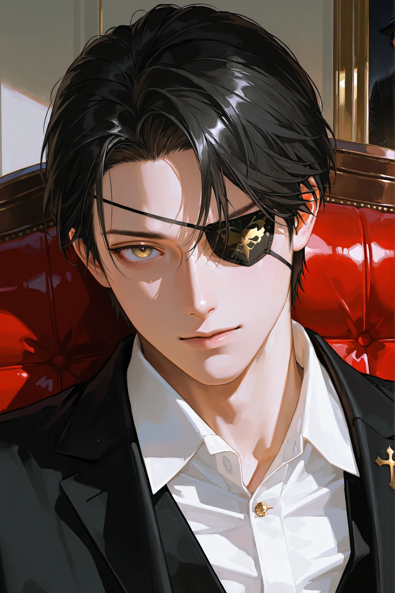 best quality, Detailed face and eyes in a portrait, Cold Face , mature male, handsome,1 man, Perfect Eyes , middle-aged handsome male, realistic live-action skin , Realistic live-action hair , realistic details, best resolution , detailed facial features, Intense gaze, pretty face , short hair , black hair,gold eyes, pirate eyepatch, shirt in real time, Suit , suit, strong body, Aristocratic, sitting cross-legged on the sofa, Authoritative. A screen showing the whole body