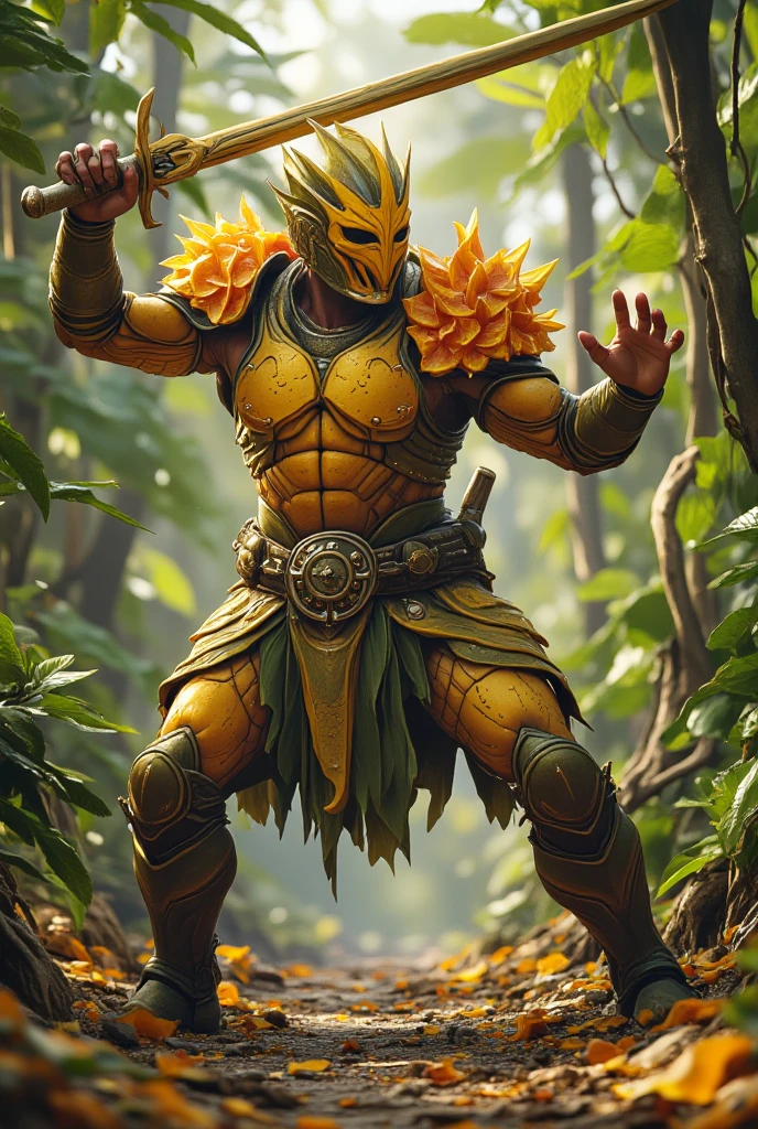 a realistic photo, human warrior with an organic armor made of fruits parts, orange peel flakes, anana shoulders, fighting position, holding banana as a sword, in temple cover in fruits, fruit sword