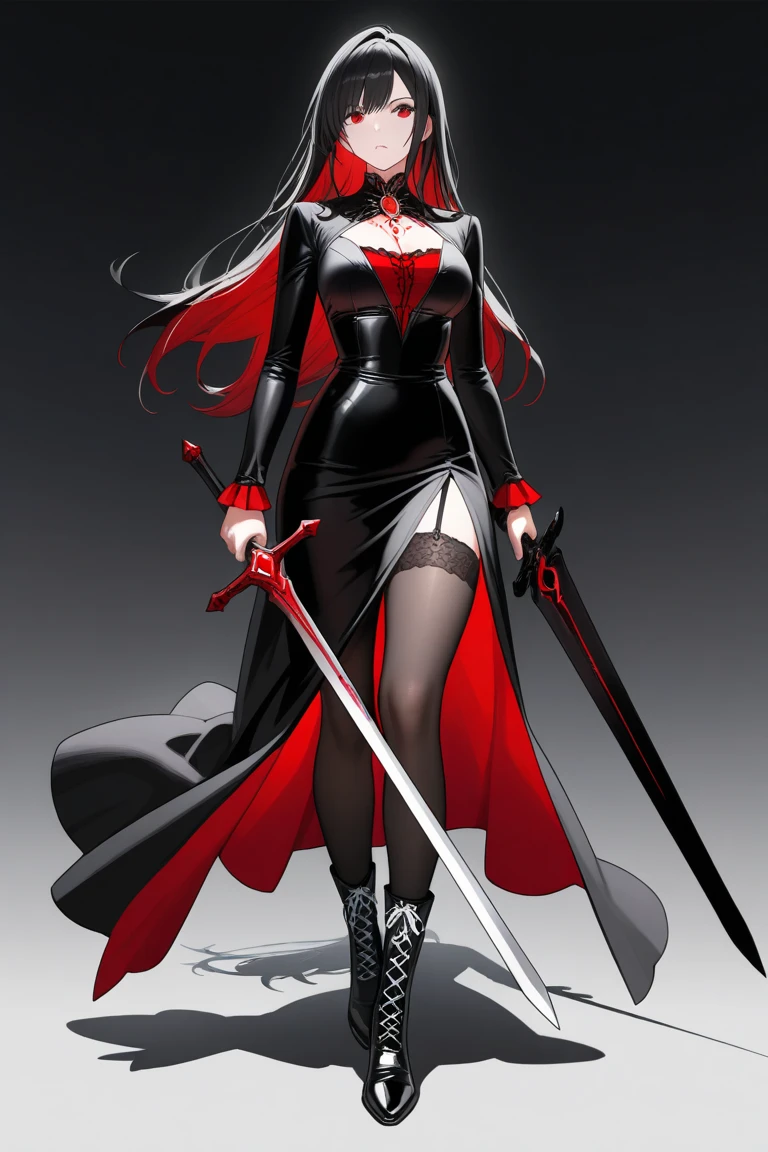 handsome older WOMAN,crimson-eyes,crimson pupils,Long black hair,Hyperresolution,accuracy,Detailed rendering,(Subtle facial image)(Image of fine hair)(topquality)(Masterpieces of masters)(High degree of completeness)(A sense of atmosphere)tmasterpiece,Super detailed and super detailed(portrait), long wavy black hair, (((tHICK WAVY HAIR)))(((ANKLE LENGTH HAIR))) (((Sakimichan))) (((white hair))) (((Latex black fight outfit))) (((Hair in ponytail))) (((skinny))) (((Latex black fight suit)))(((Stoic expression)))(((Black cloak)))