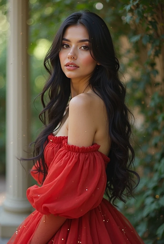 A woman with brown skin, dark blue eyes and black wavy hair with not so visible white streaks, wearing red peasant style dress