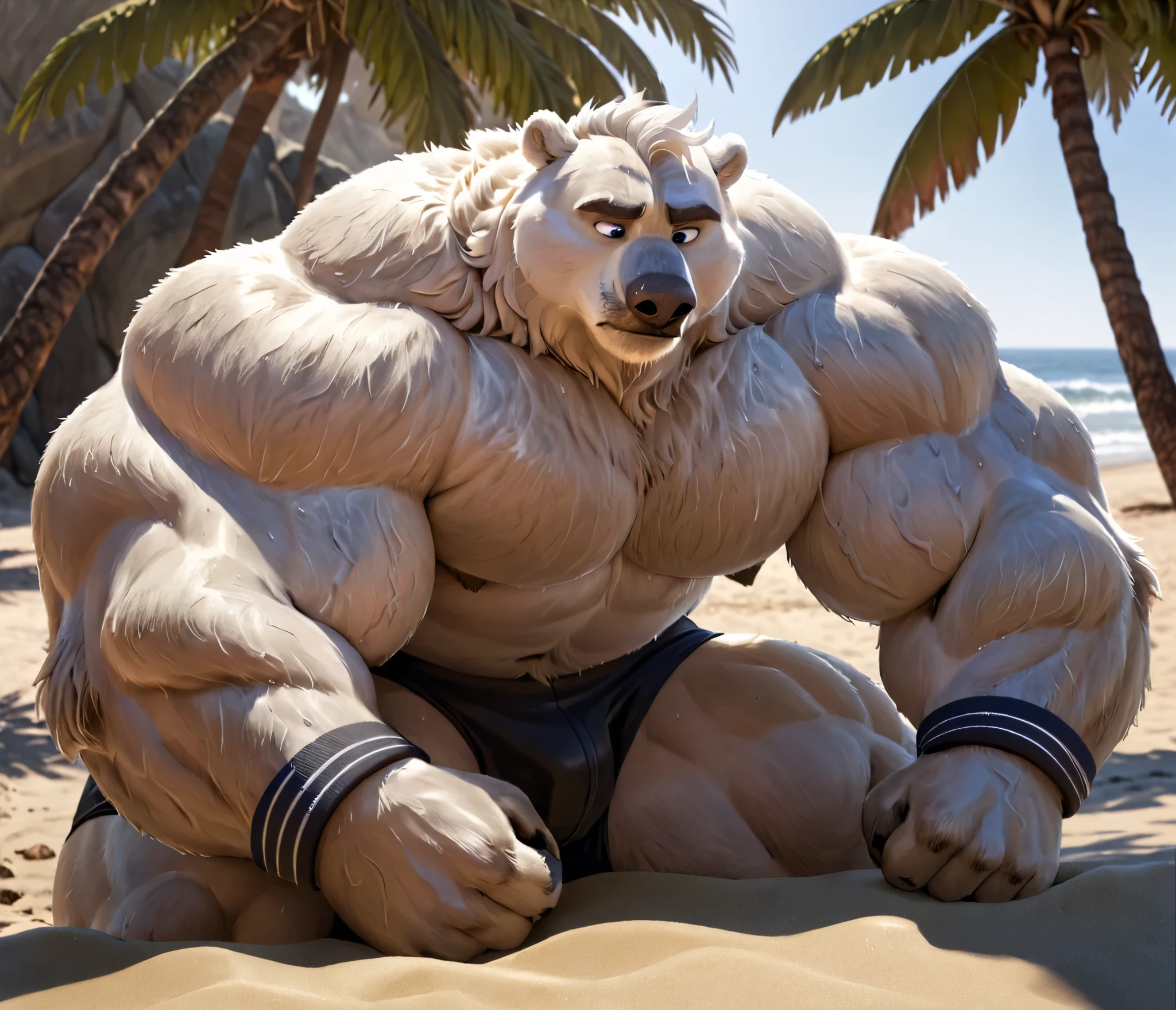 huge bulked up muscular polar bear in Californian beach, big grunting noise, big bulked up flexing body, polar bear, huge white fur, thick arm, huge arm, added gray mustache, added gray beard, short white hair, weight: 440lbs, (veiny bulked up muscular, pectoral, wide pectoral, thick bulky arms), Zootopia, 8k, masterpiece, detailed gray eyebrows, detailed blue eyes with blue pupils, (wearing black short trunks, wristbands, shirtless, topless, half naked and feet), flexing. Seeing how strong he is. Back arched. Shoulders up, roll forward. Elbows out. Forearms at a 30 degree bend.