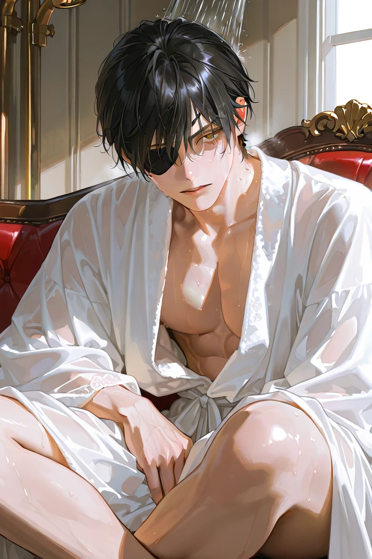 anime boy taking a bath in a bathtub with rose petals, wet body, bathtub, bubble bath, high quality fanart, bath, Beast, at pixiv, official fanart, pixiv, detailed fanart, relaxing, levi ackerman, in bathroom, relaxing environment, relaxing mood, by Shingei, anime asthetic, relaxing concept art, wet anime boy, with rose petals in the bathtub, beautiful atmosphere, hot anime boy, cute beautiful man, wet body, green eyes, black short hair