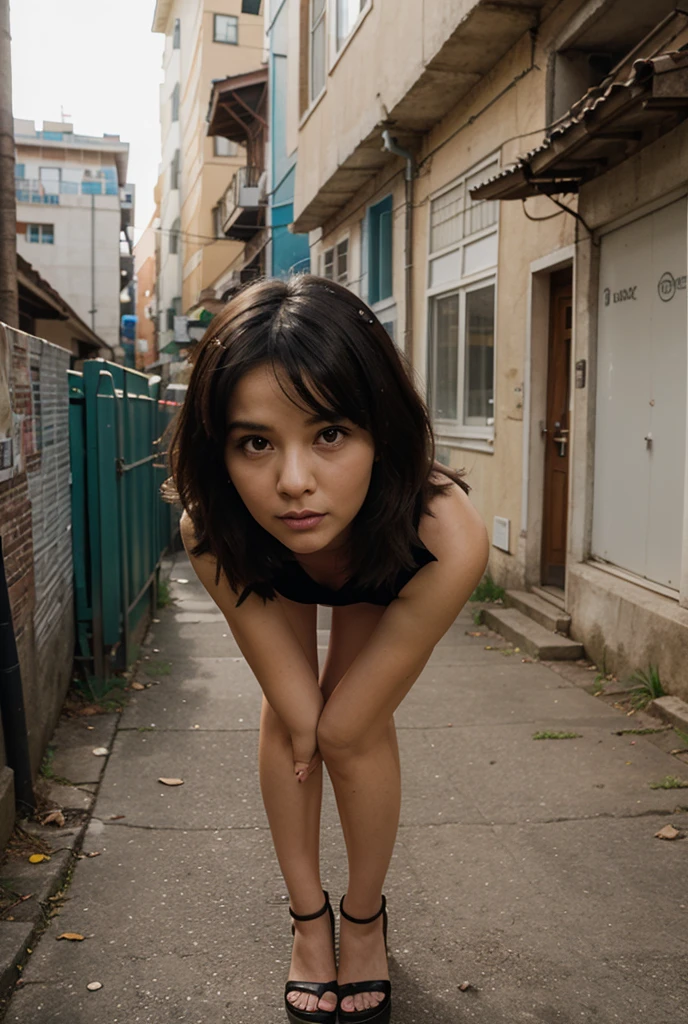 (Masterpiece:1.2, Best Quality), 1 girl, Spanish, 38 years, Delgado, slender, adjust shoulders and arms, Brown eyes, sharp eyes, Little mom, Leaning forward, in front of the viewer, dress, strappy sandals, blouse down, messy black hair, nature, serene spaces, on a stone, with Barcelona in the background, sacred Family, thin face, beautiful fingers,
