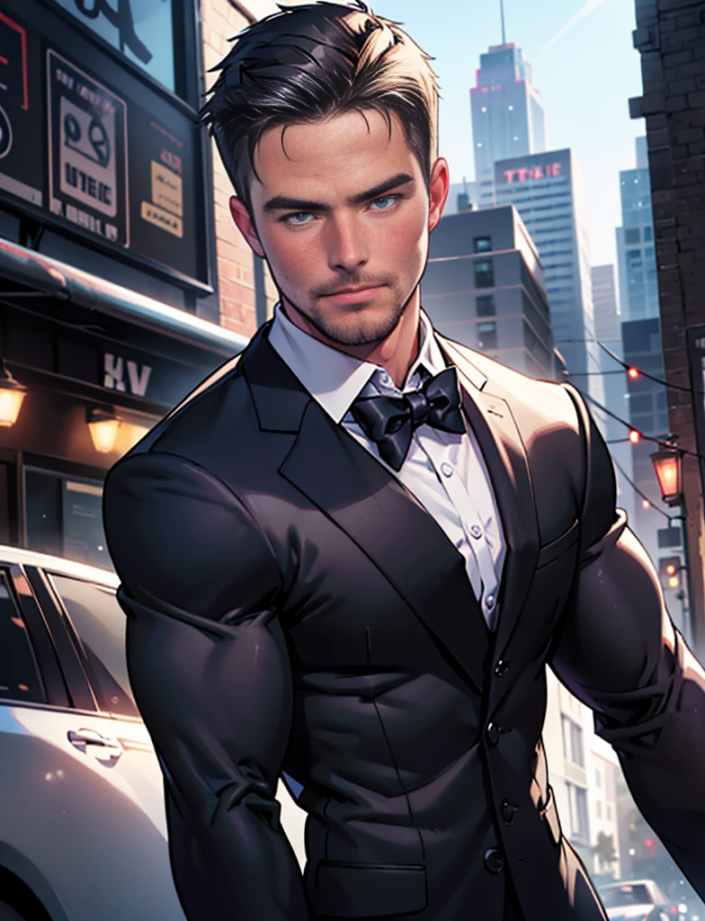Best quality, masterpiece, ultra high res,detailed background,realistic,illustration,shot,solo,1boy,muscular male,beard,police uniform, (((stephen amell with open shirt))), erotic, ripped pants,street,muscular,facial hair,volumetric lighting,depth of field,short hair, stocky bara, stocky burly