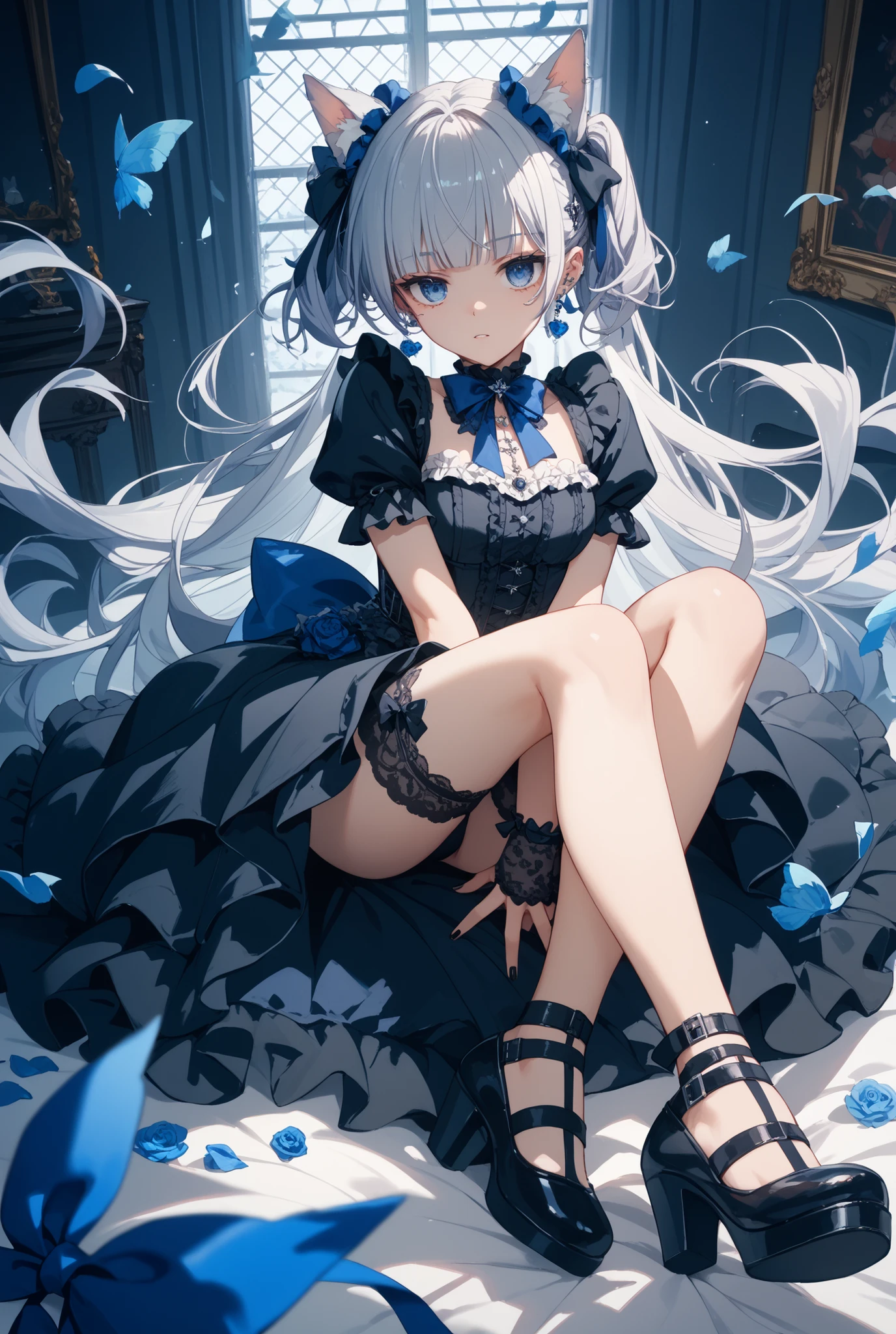 A girl，，Short hair, Bangs, White hair, Hair between the eyes, Purple Eyes:（1.5),  (Medium breasts:1.2), 
rest  锁骨, Wedding dress，veil，wedding，Black dress，Flowers，dress，Black socks，Black knee socks，Black gloves，Long boots，Cleavage，
Looking at the audience, whole body, Open your mouth，lol，
indoors, church，permanent，permanent，微lol，With one eye closed，
rest (masterpiece:1.2), best quality, high resolution,  8k wallpaper, (illustration:0.8), (Beautiful and delicate eyes:1.6), Extremely detailed face, Perfect lighting, Extremely detailed CG, (Perfect hands, Perfect anatomical structure),